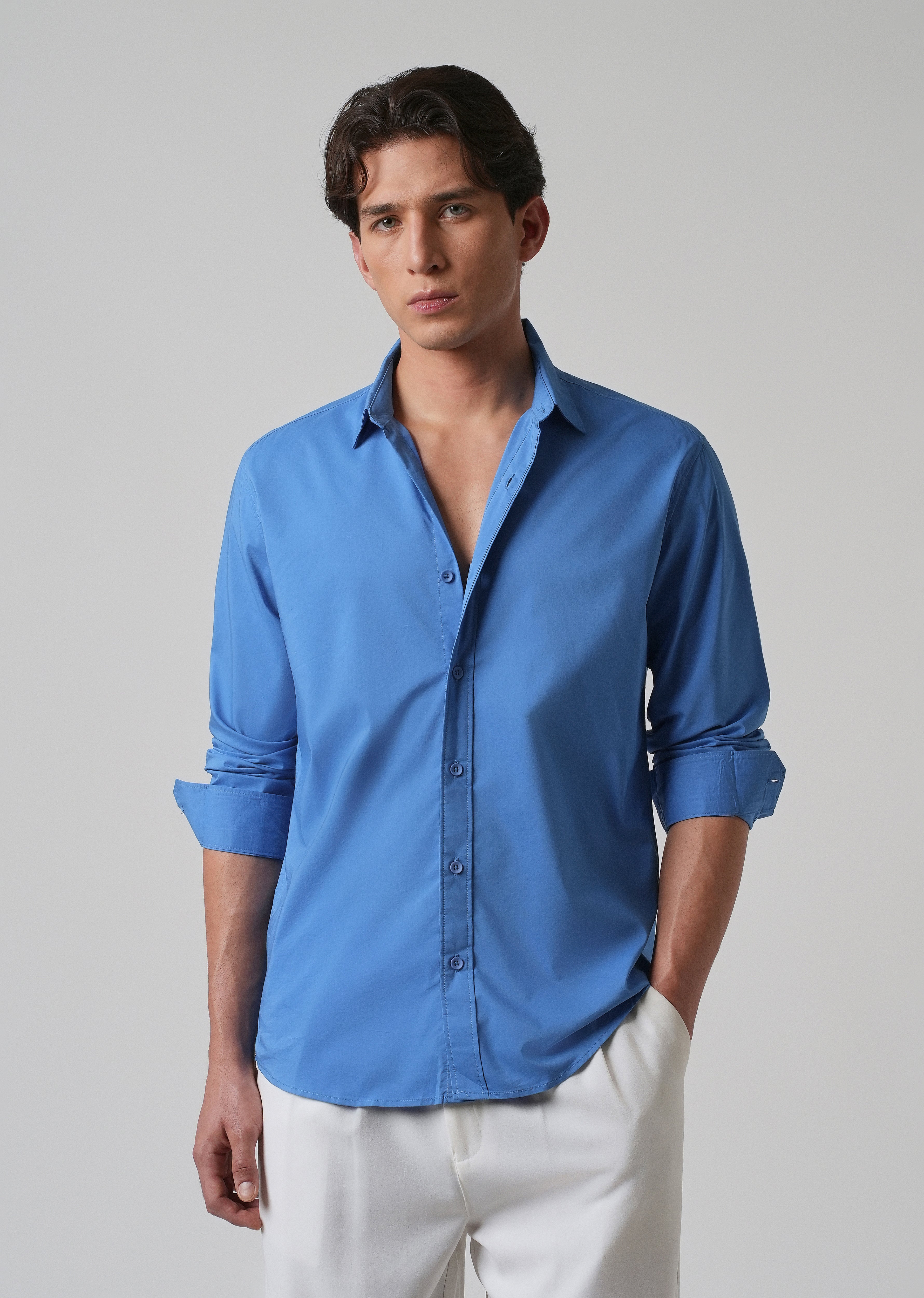 Bright Blue Plain Blended Cotton Shirt