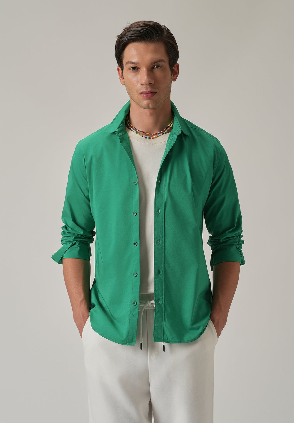 Bright Green Plain Blended Cotton Shirt