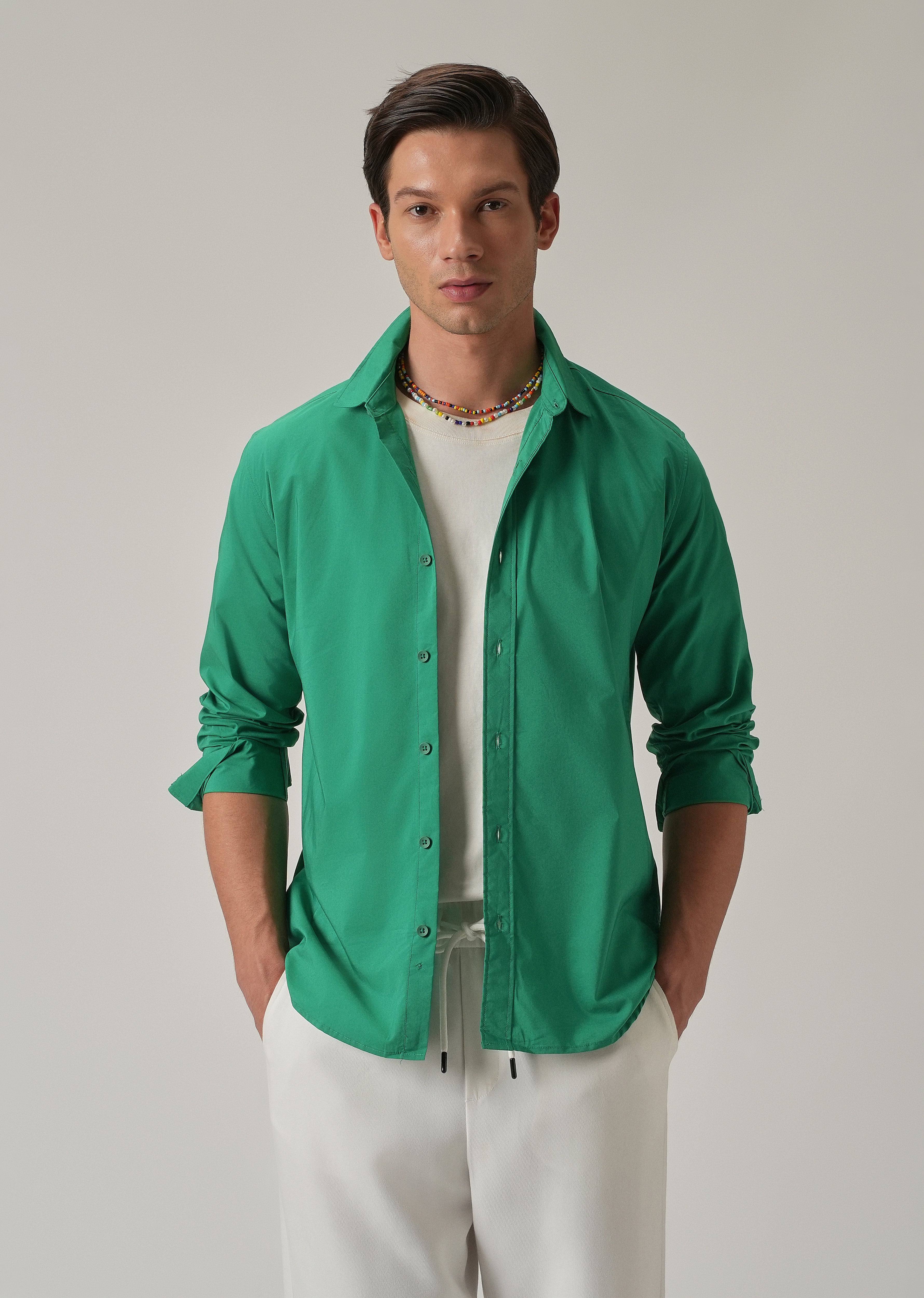 Bright Green Plain Blended Cotton Shirt