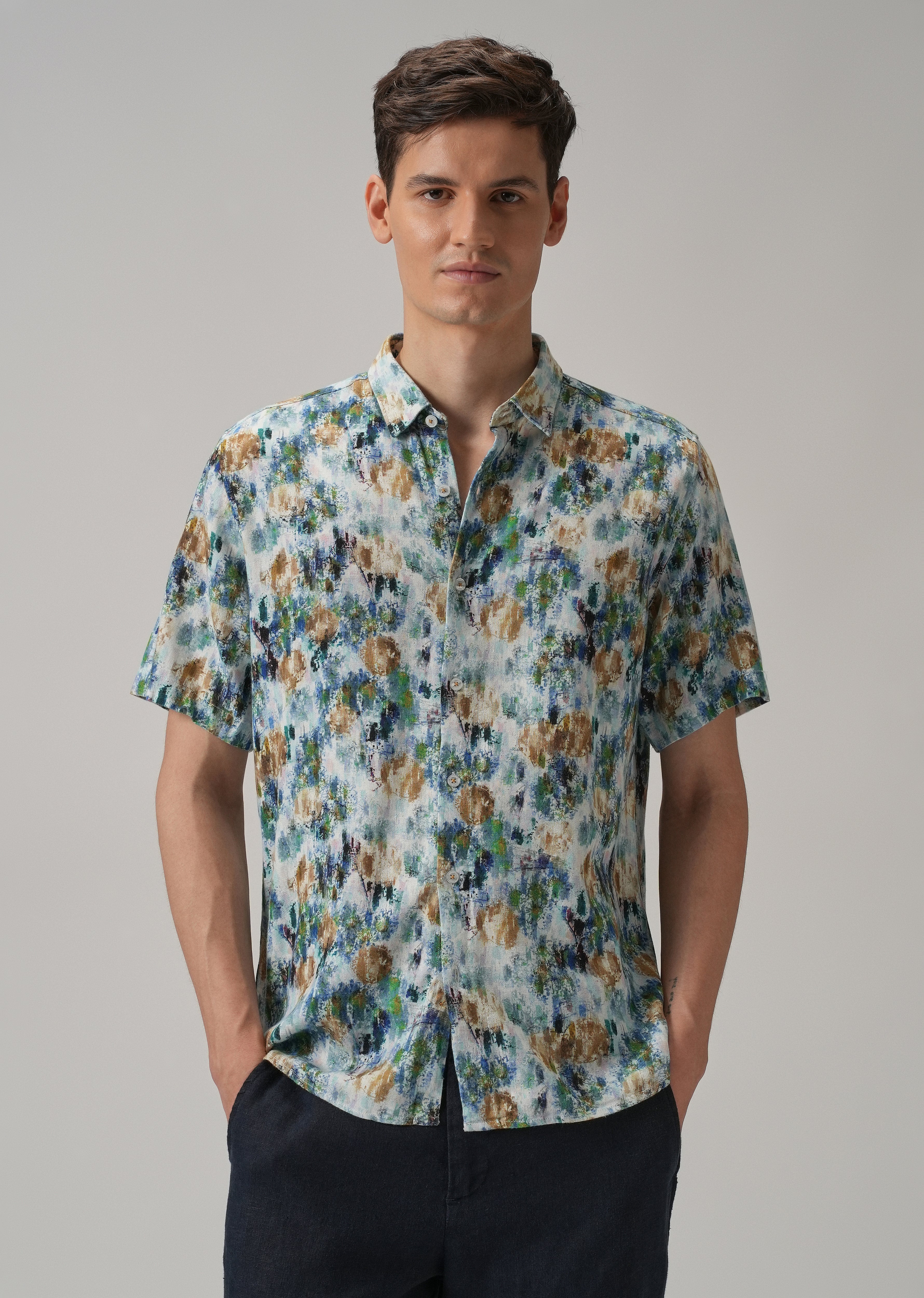 Brown Abstract Patch Half Sleeve shirt