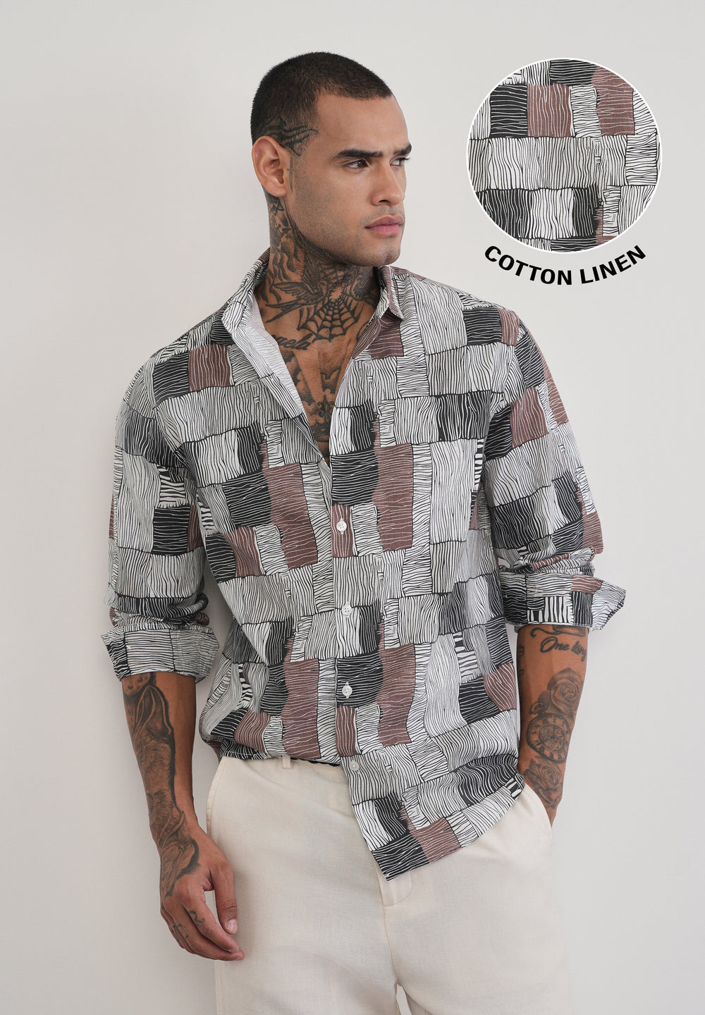 Brown Abstract Print Cotton Linen Shirt