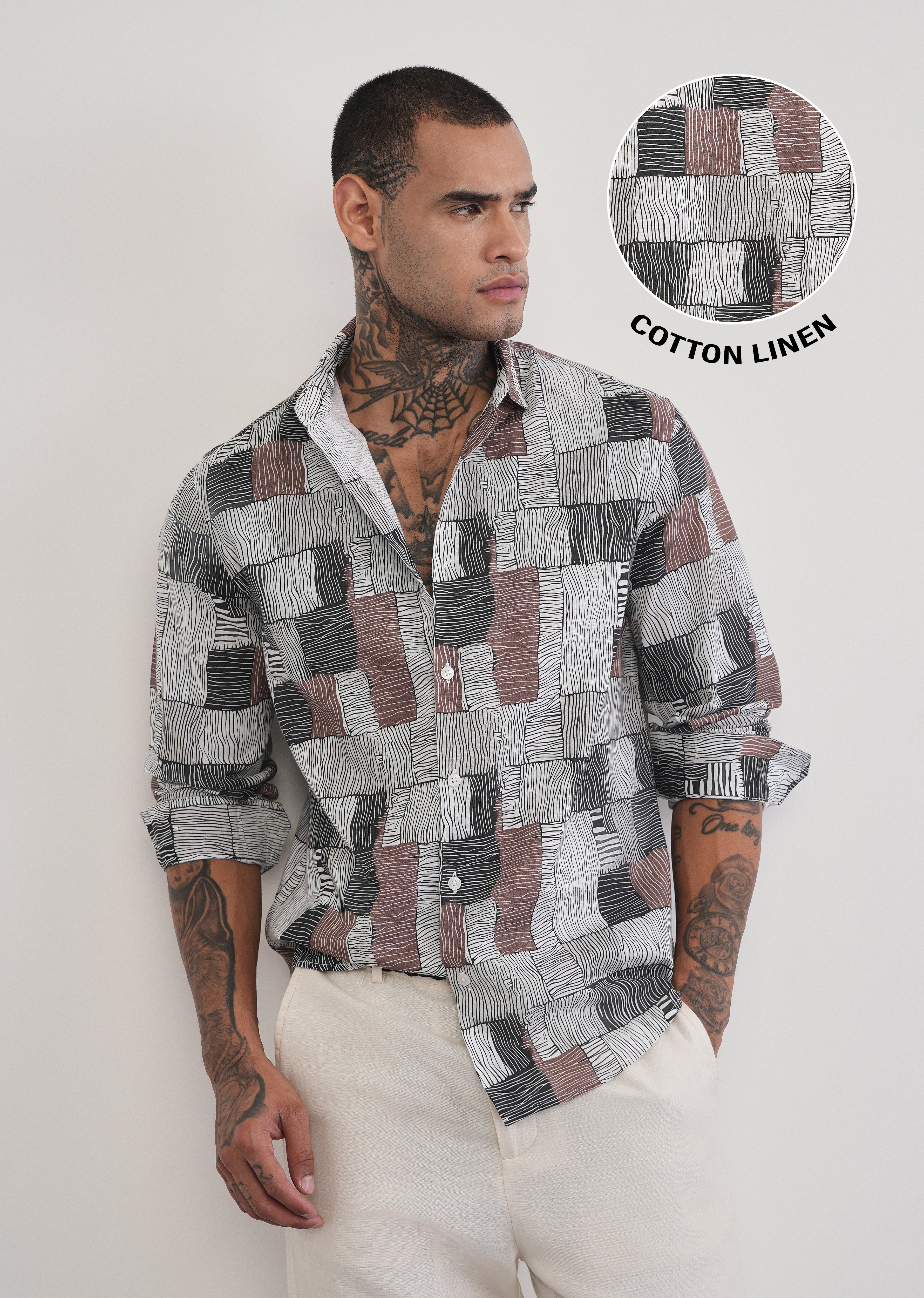 Brown Abstract Print Cotton Linen Shirt