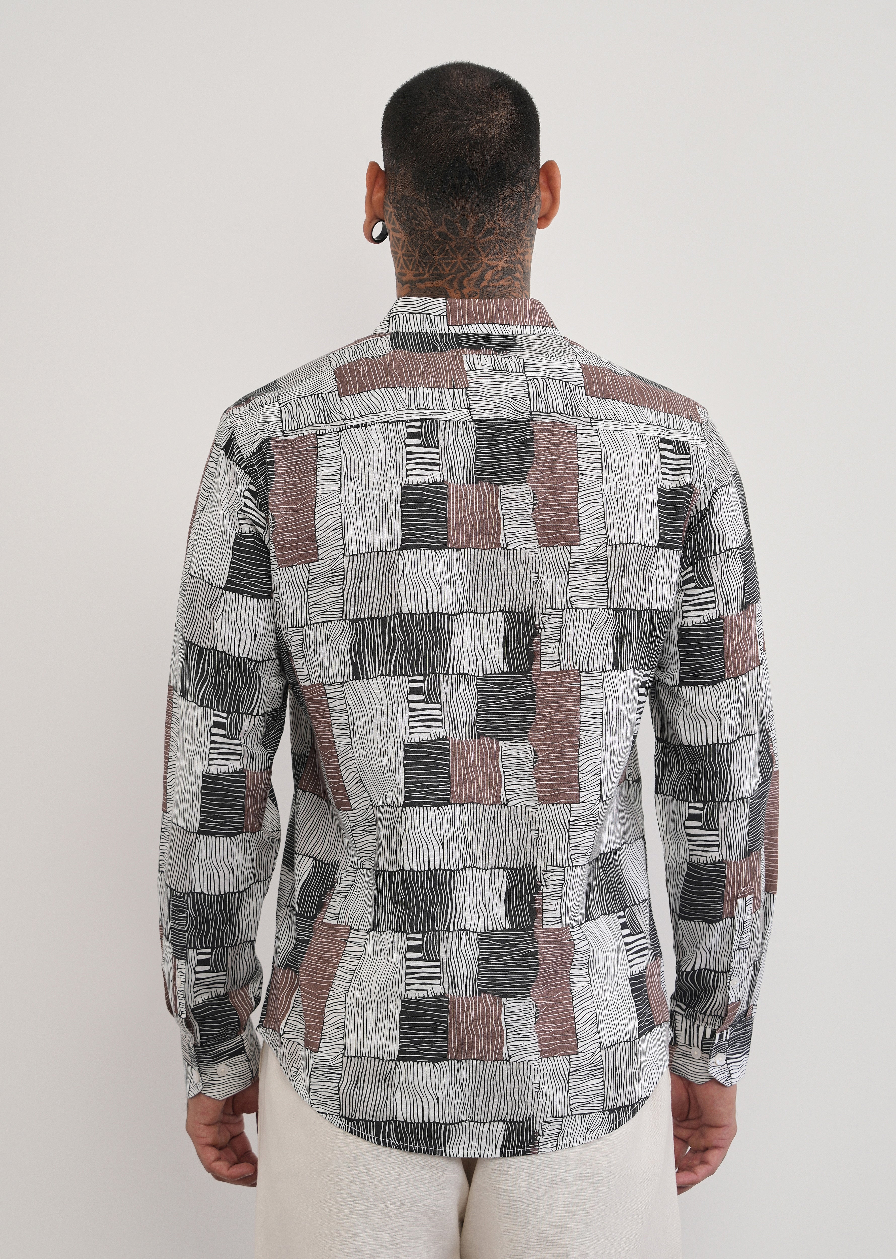 Brown Abstract Print Cotton Linen Shirt