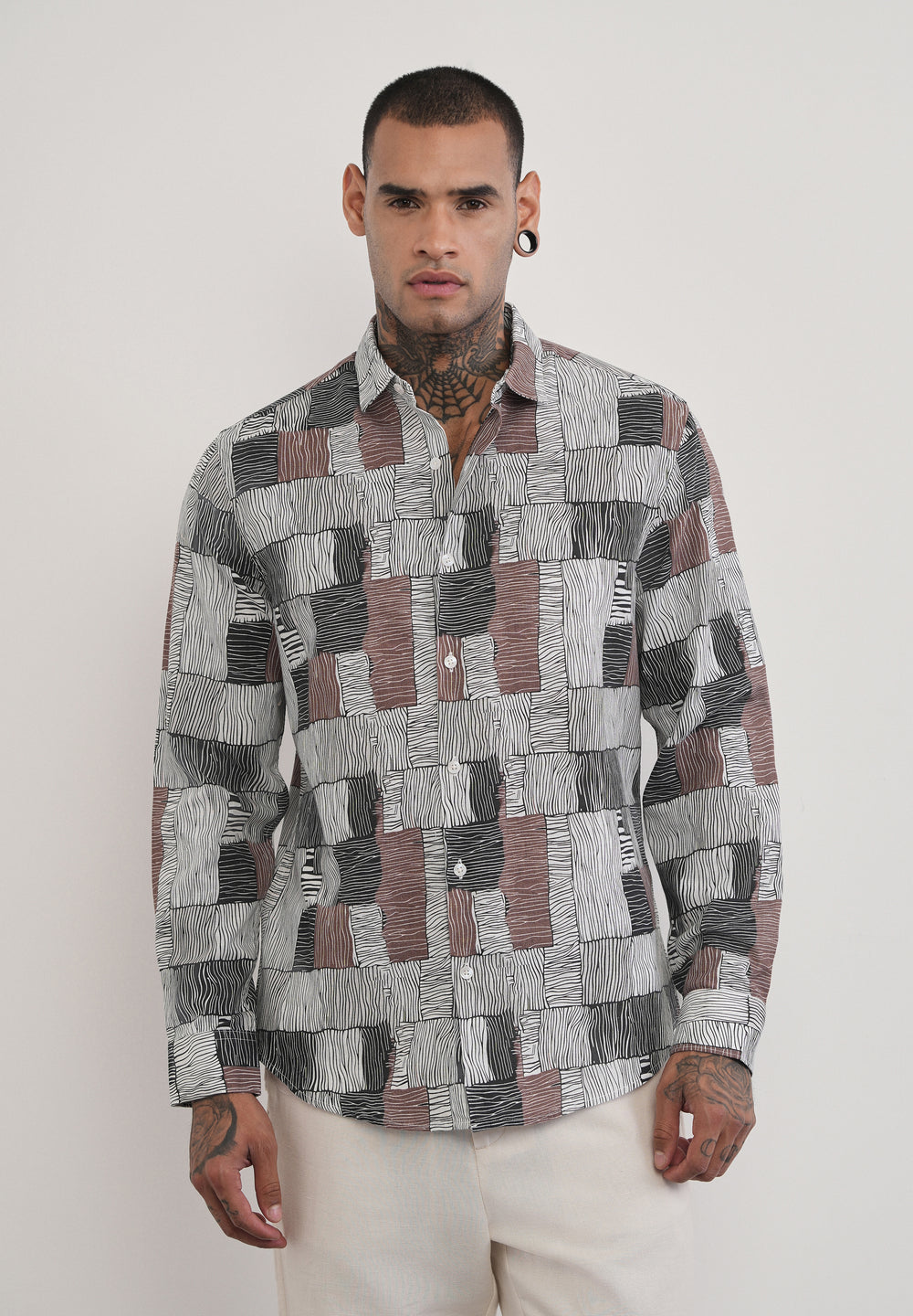 Brown Abstract Print Cotton Linen Shirt