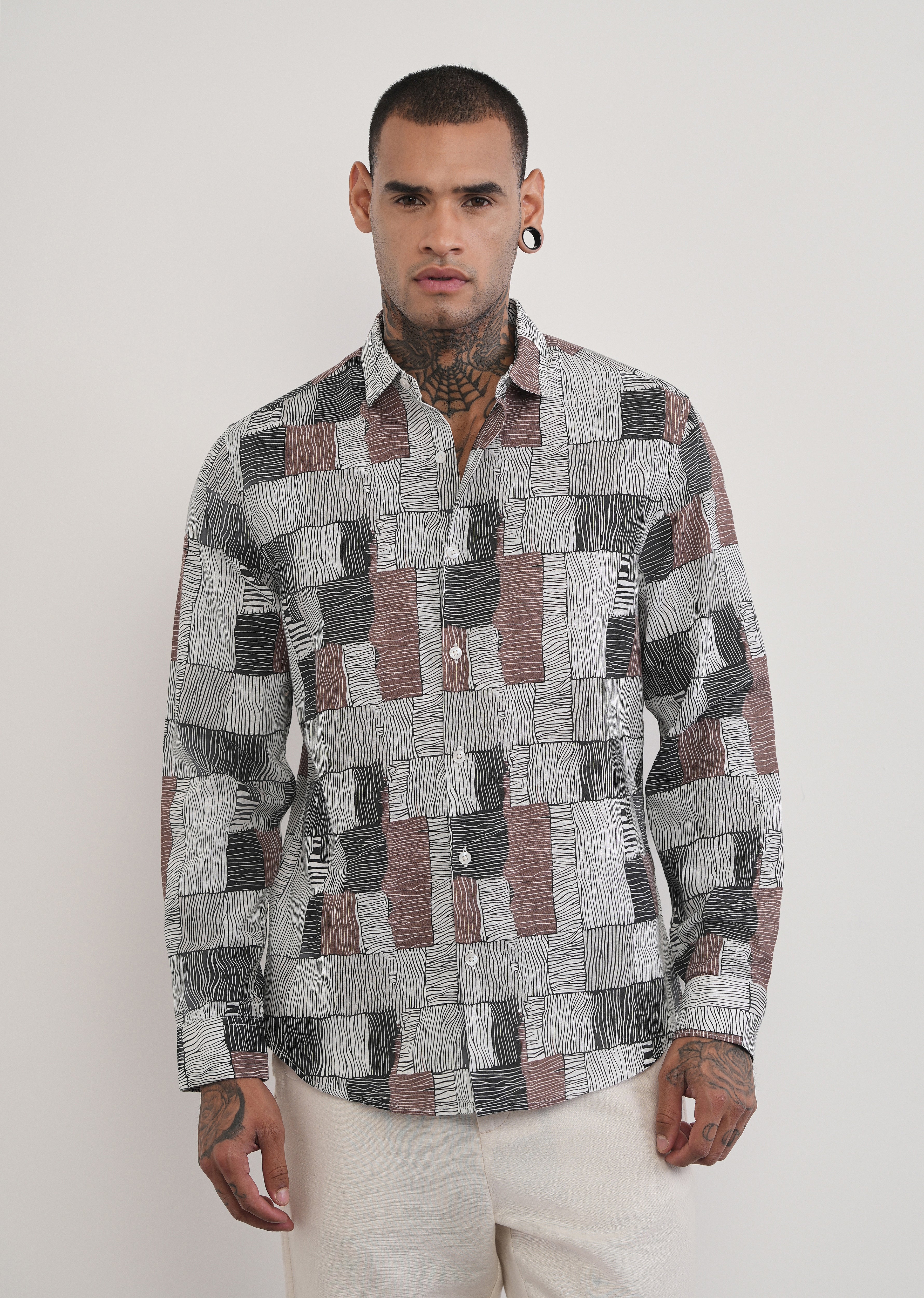 Brown Abstract Print Cotton Linen Shirt