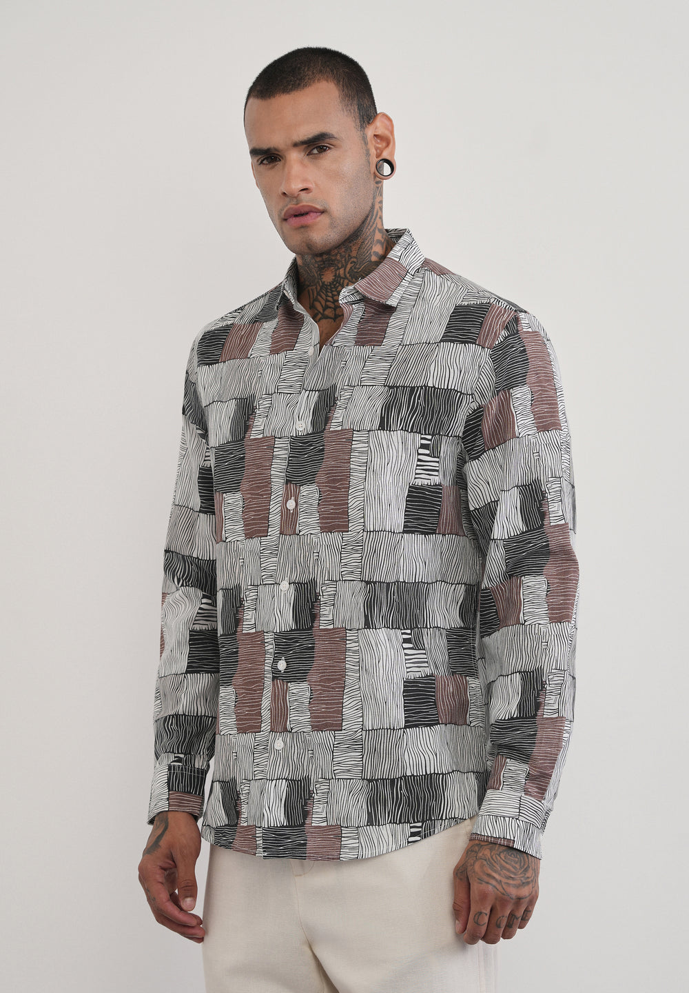 Brown Abstract Print Cotton Linen Shirt