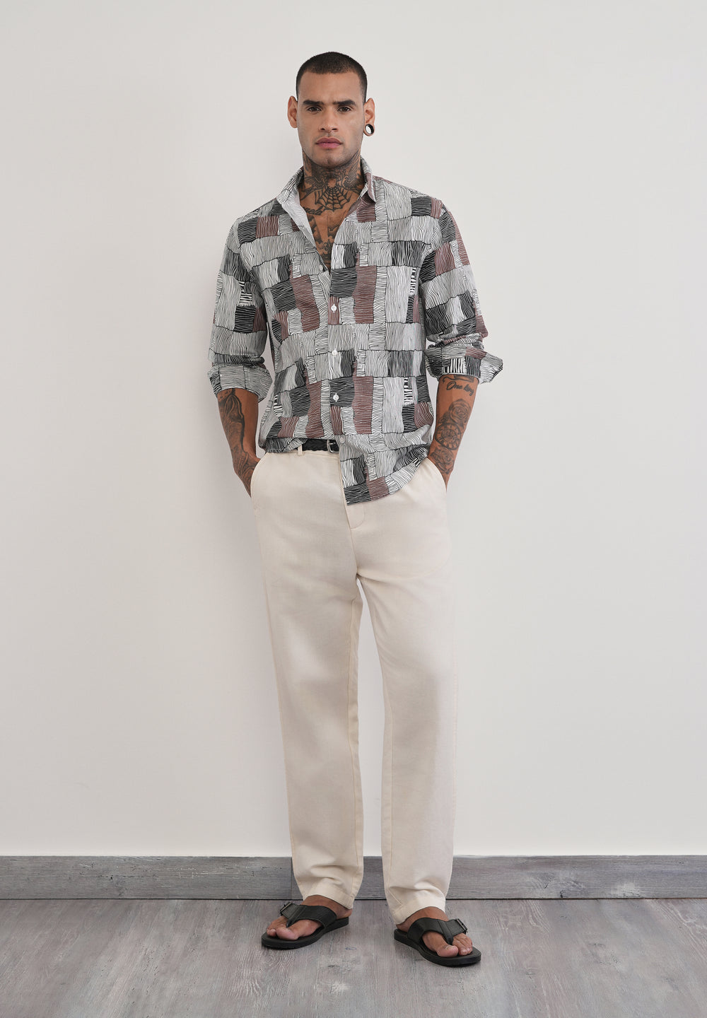 Brown Abstract Print Cotton Linen Shirt