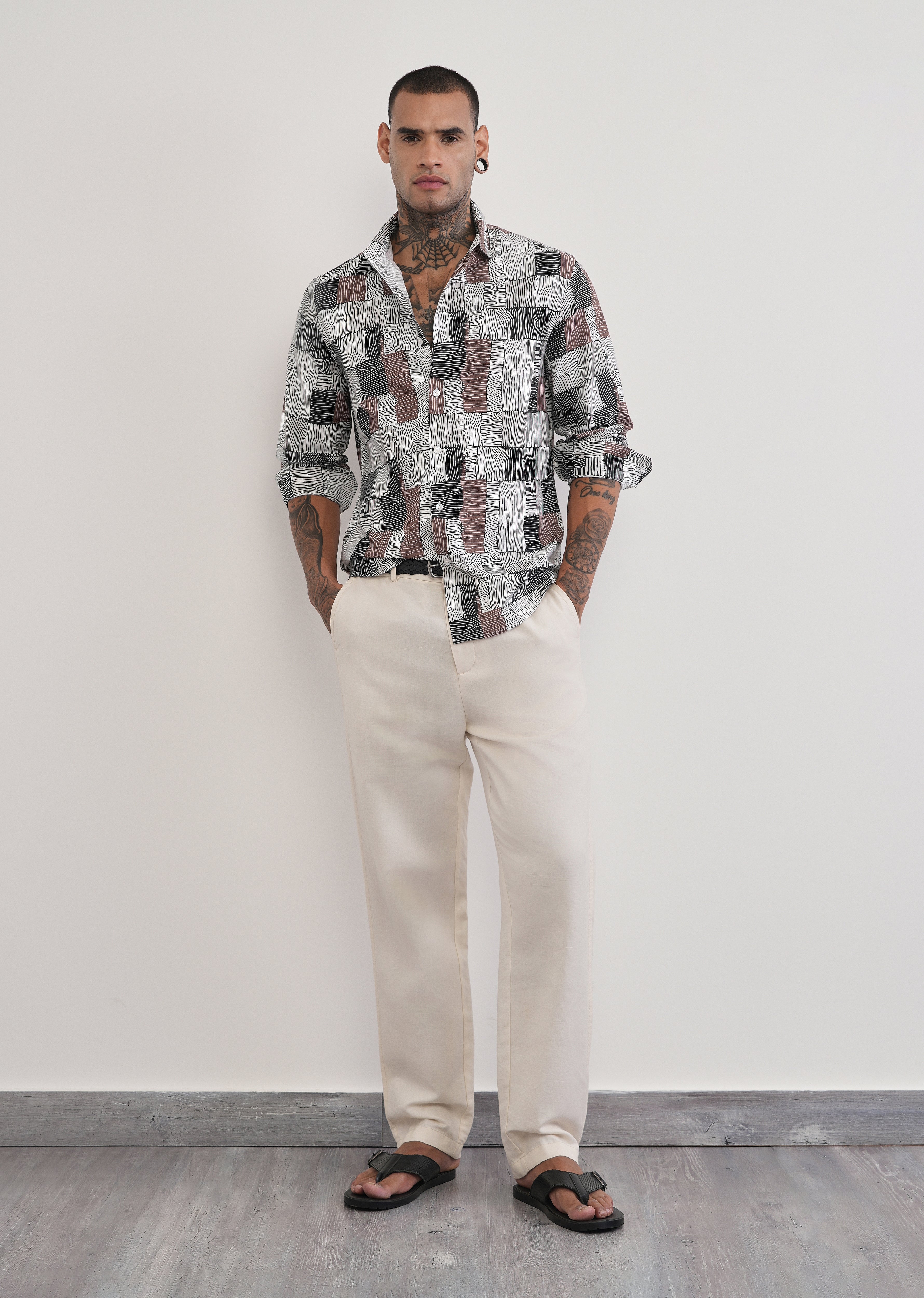 Brown Abstract Print Cotton Linen Shirt