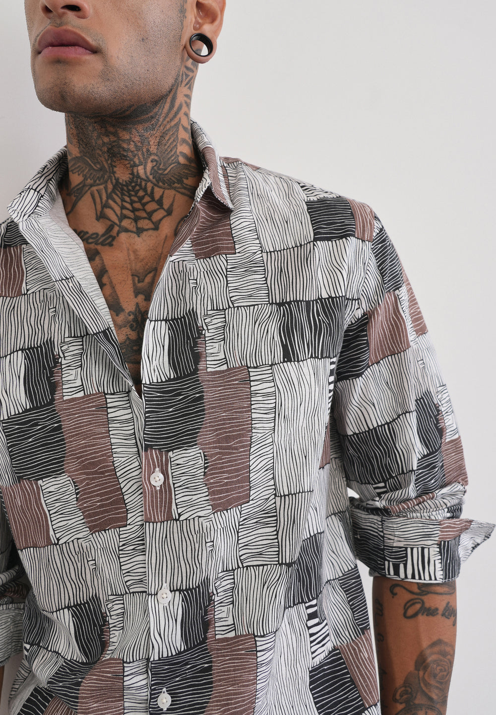 Brown Abstract Print Cotton Linen Shirt