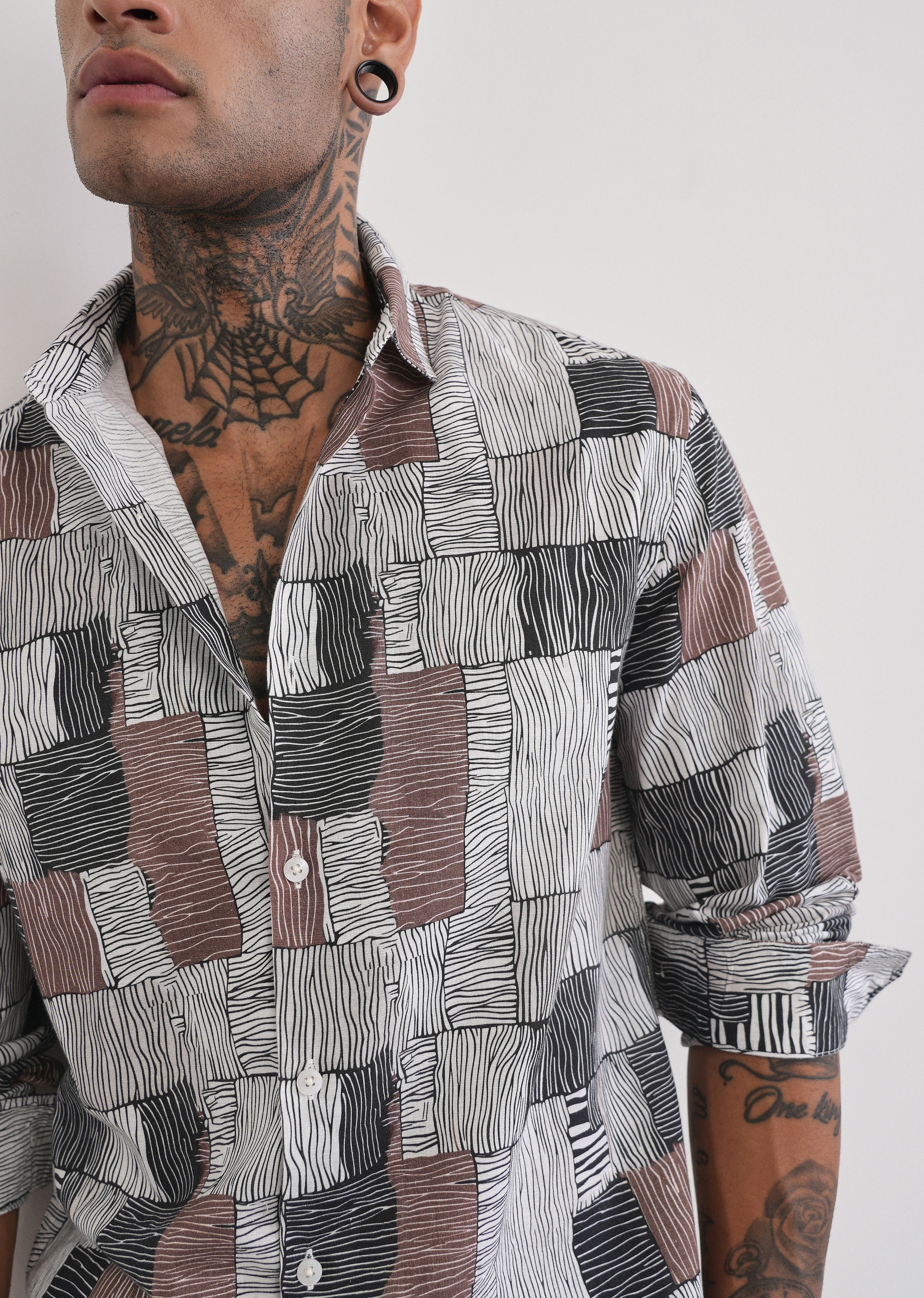 Brown Abstract Print Cotton Linen Shirt
