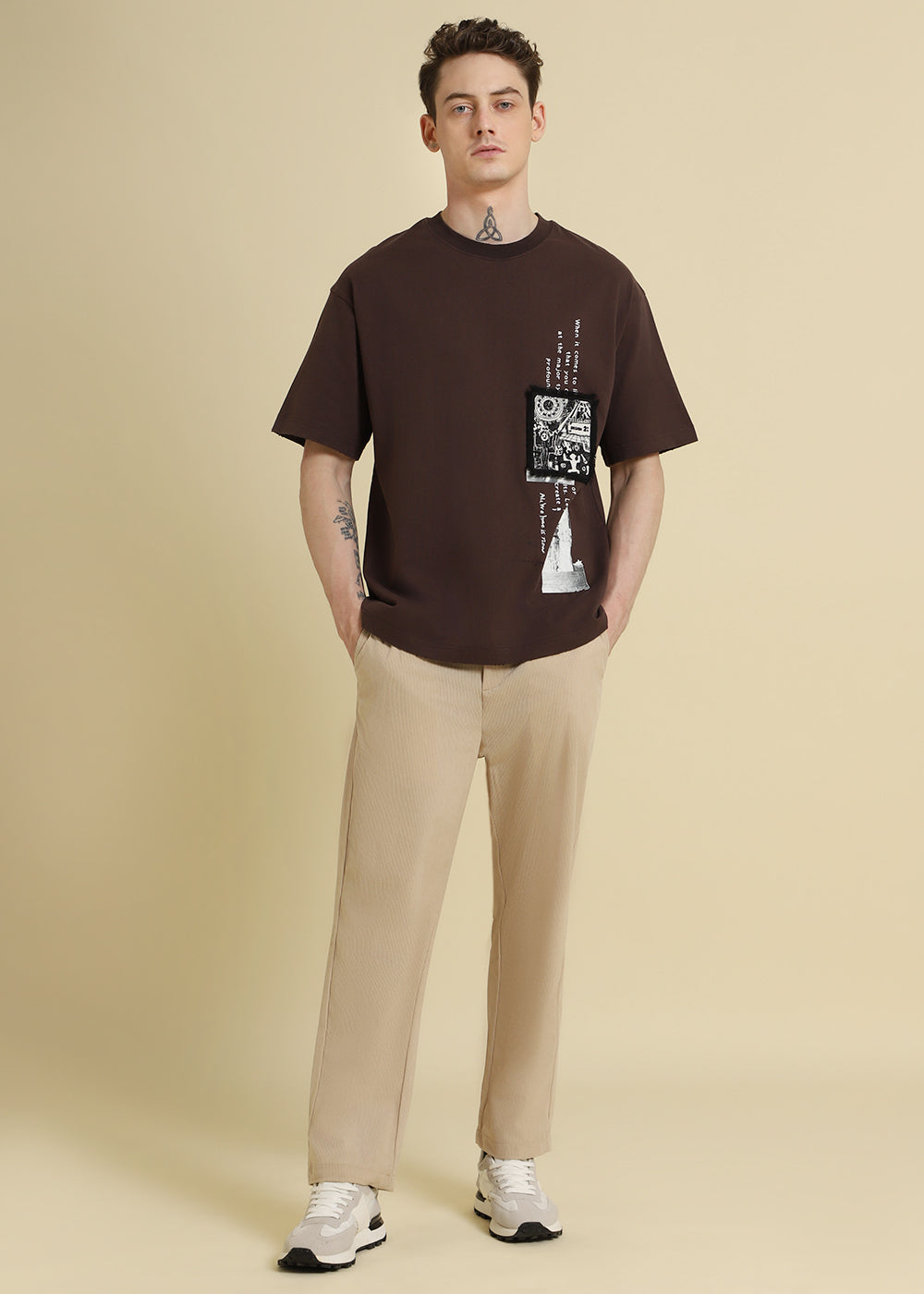 Brown Applique Printed Oversized T-shirt