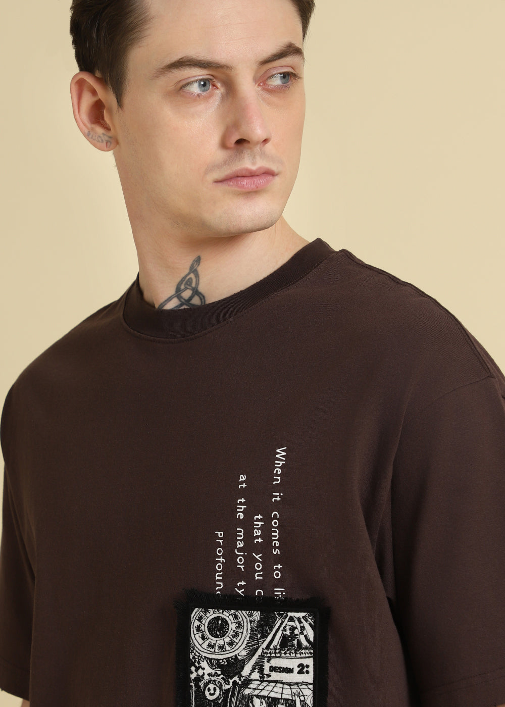 Brown Applique Printed Oversized T-shirt