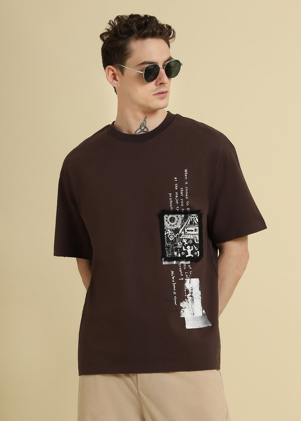 Brown Applique Printed Oversized T-shirt