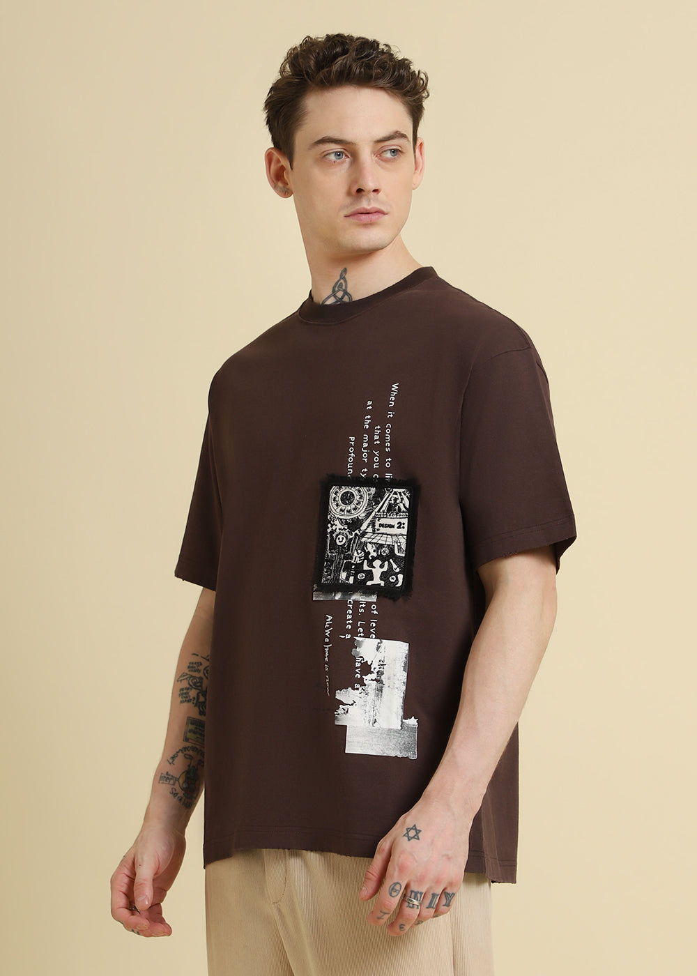 Brown Applique Printed Oversized T-shirt