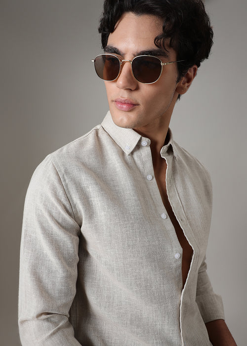 Brown Beige Blended Linen Shirt