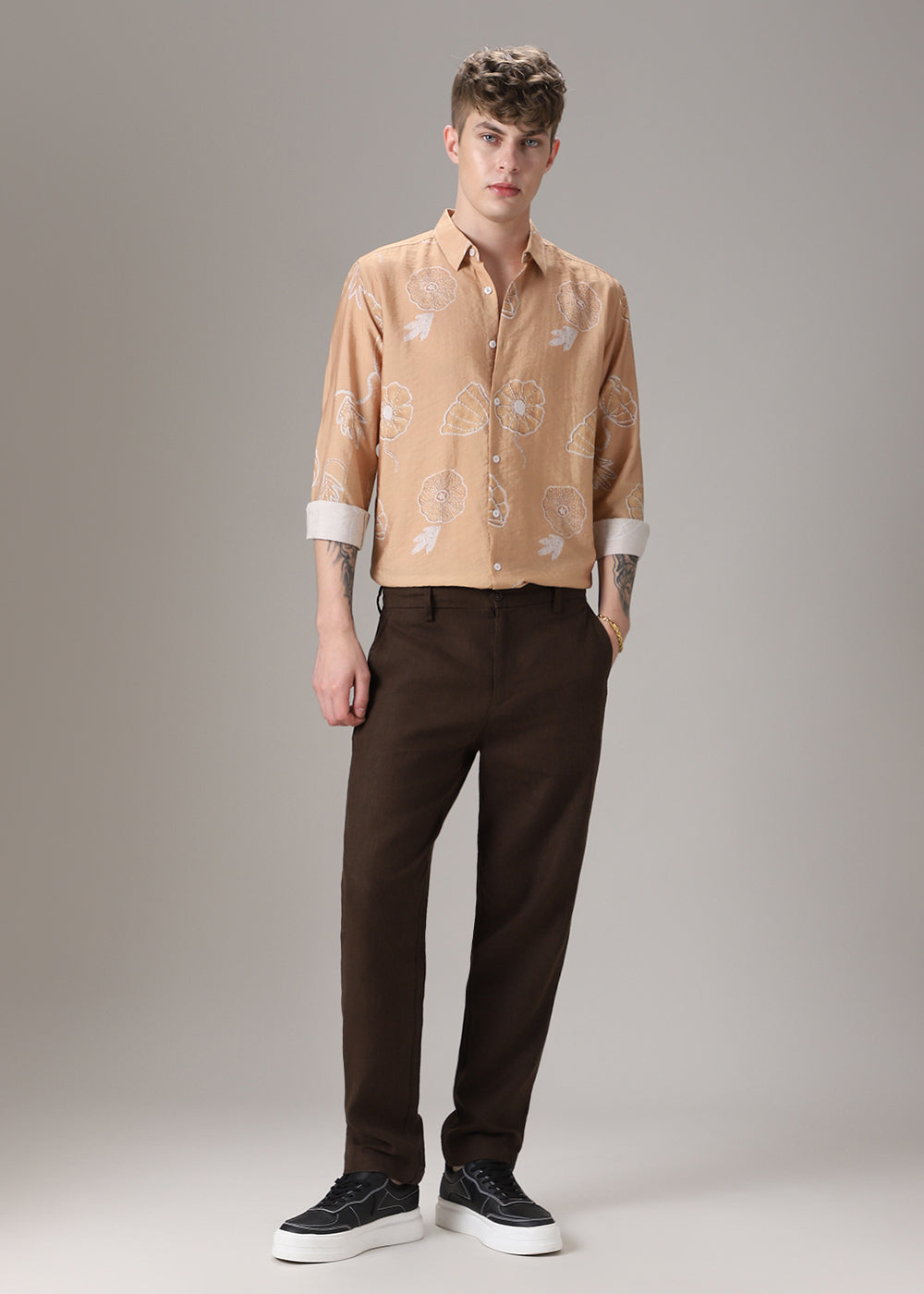 Brown Beige Floral Print Shirt