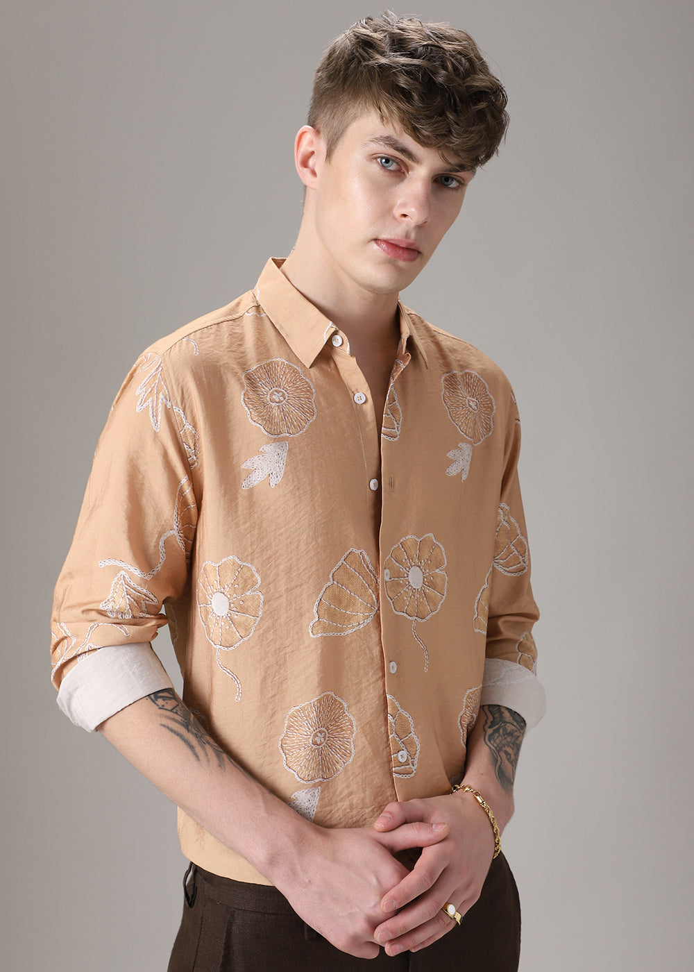 Brown Beige Floral Print Shirt