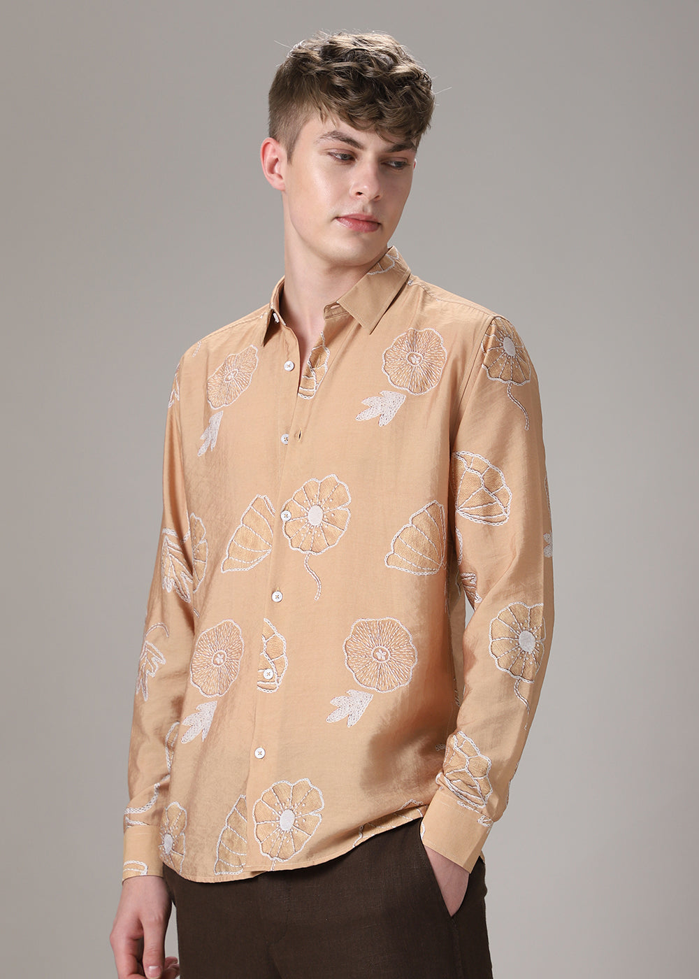 Brown Beige Floral Print Shirt