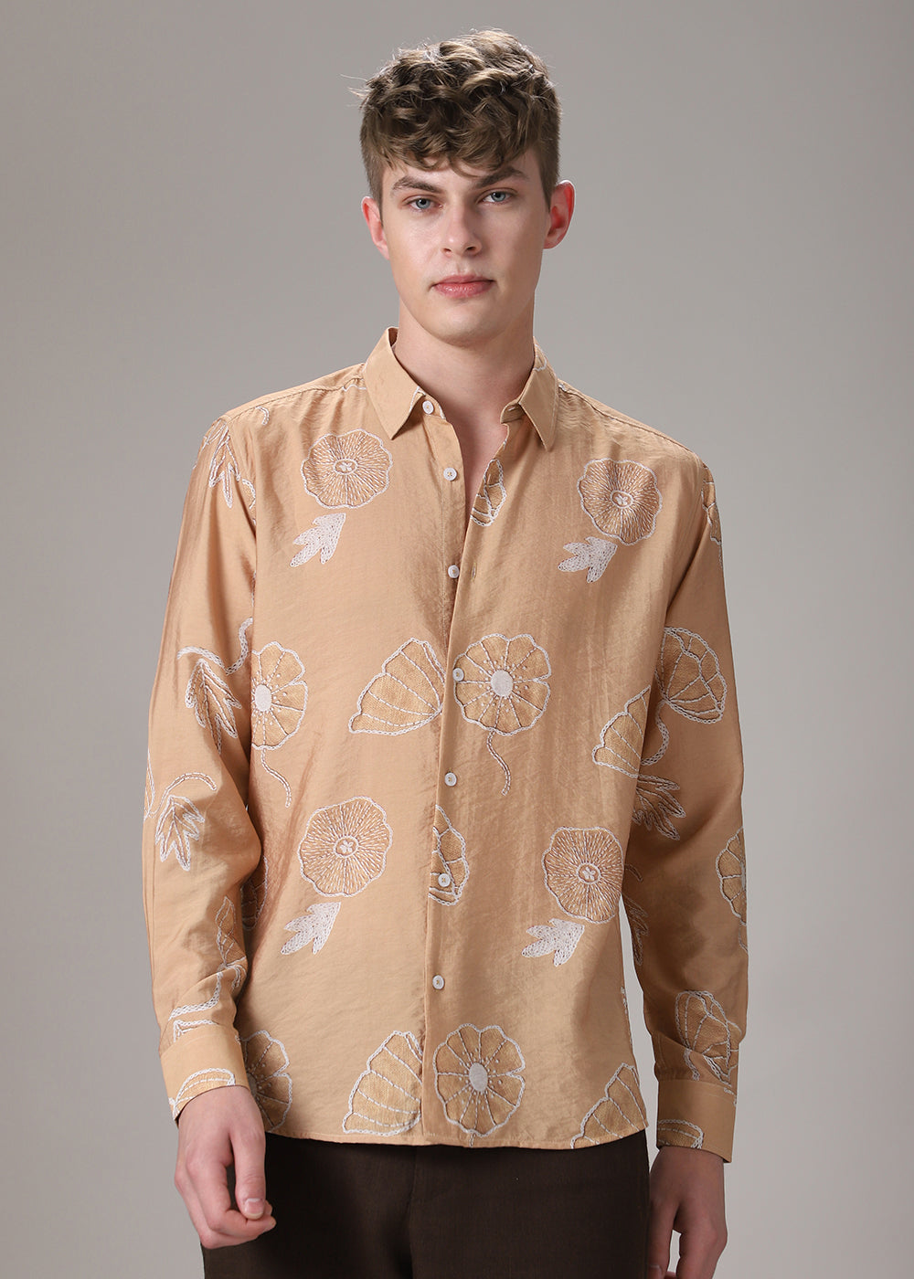 Brown Beige Floral Print Shirt