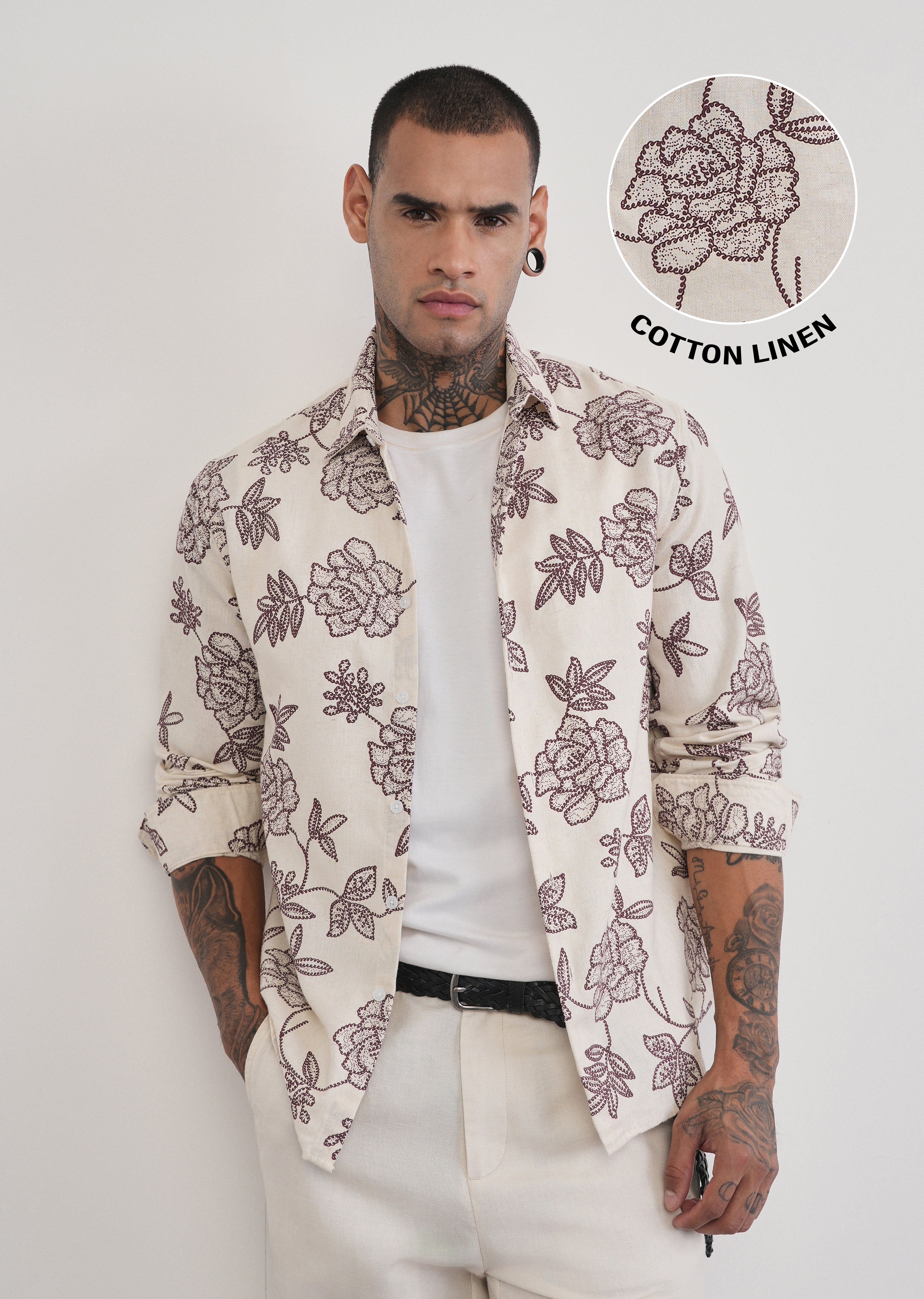 Brown Blended Linen Floral Print Shirt