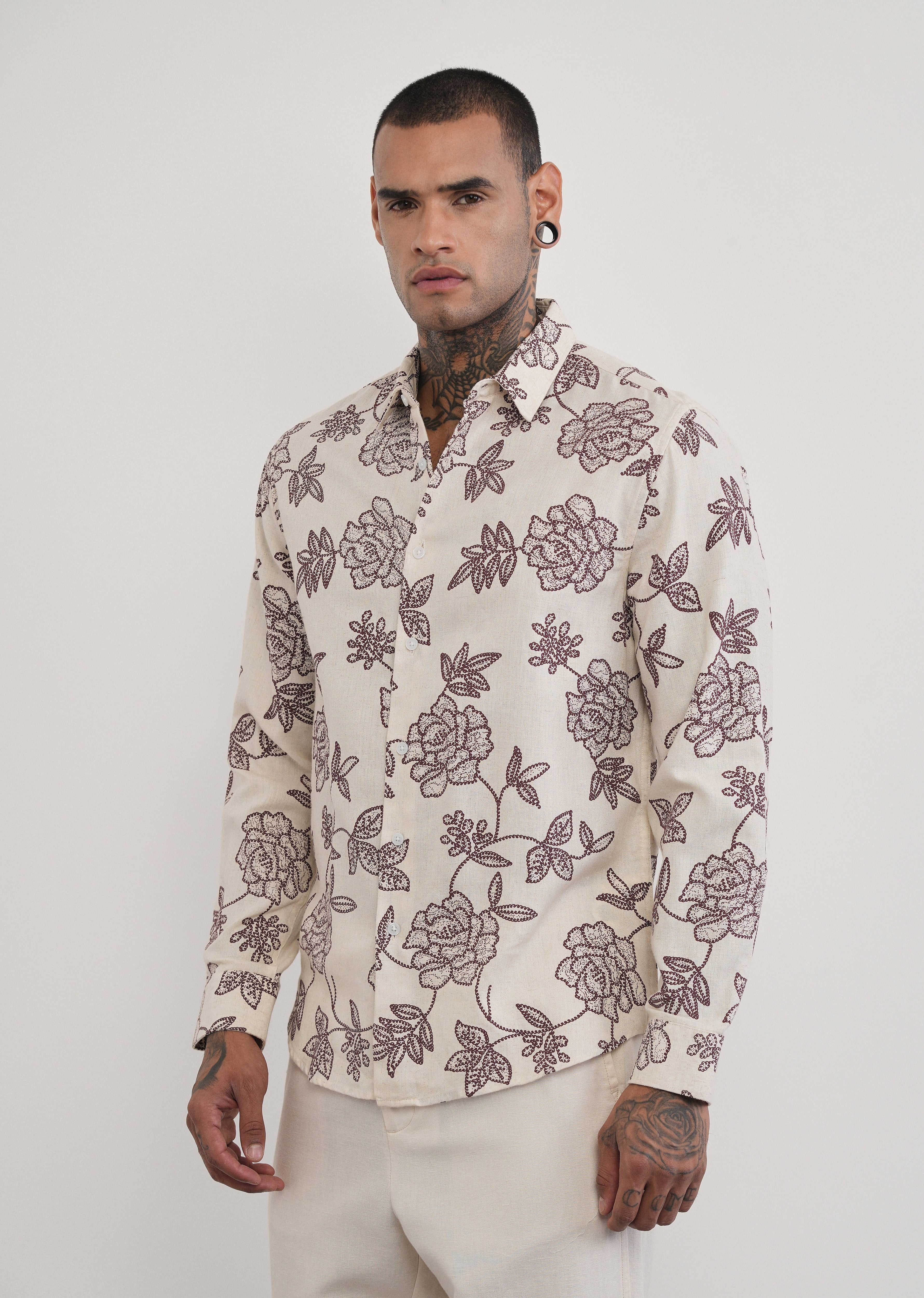 Brown Blended Linen Floral Print Shirt