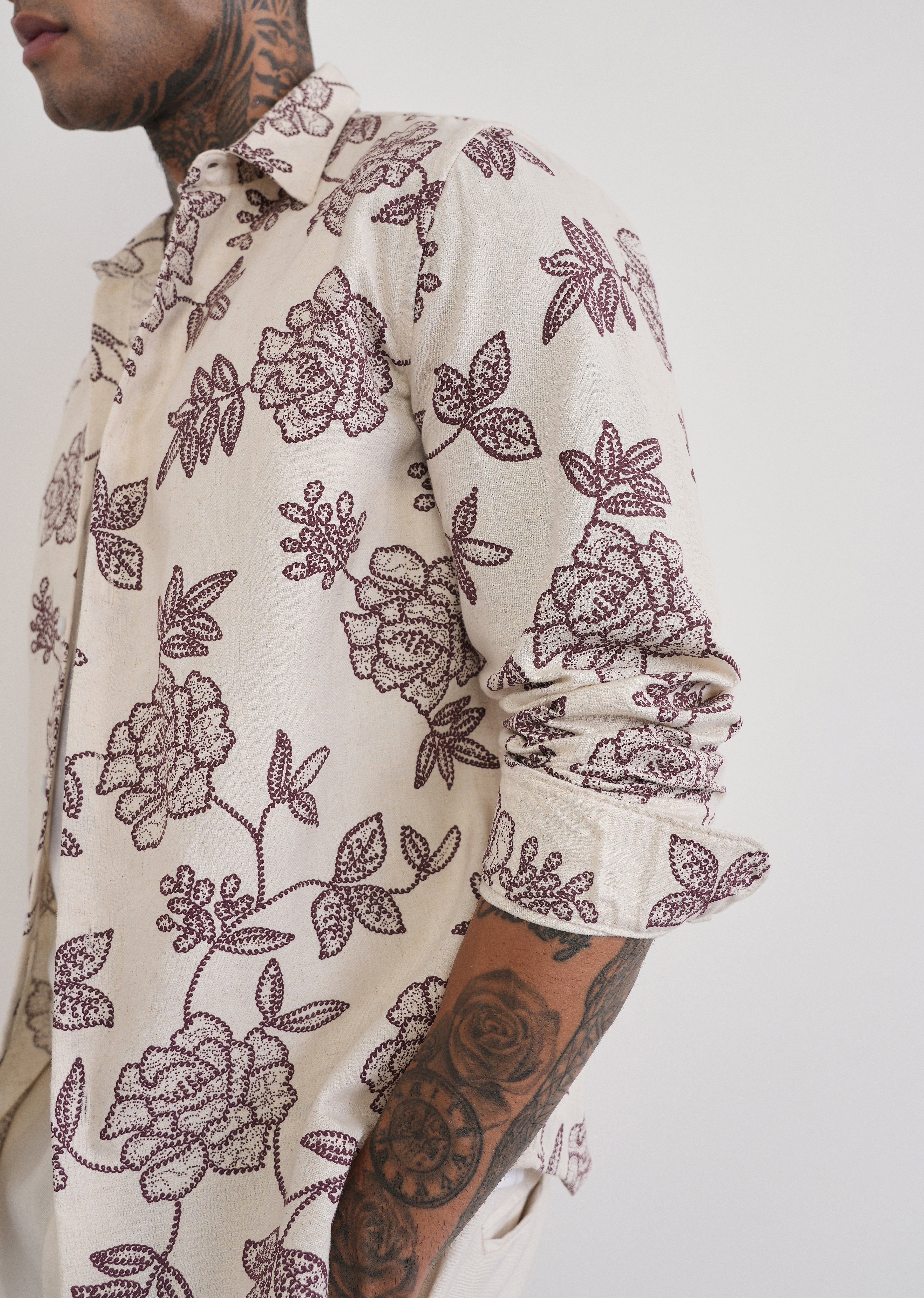 Brown Blended Linen Floral Print Shirt