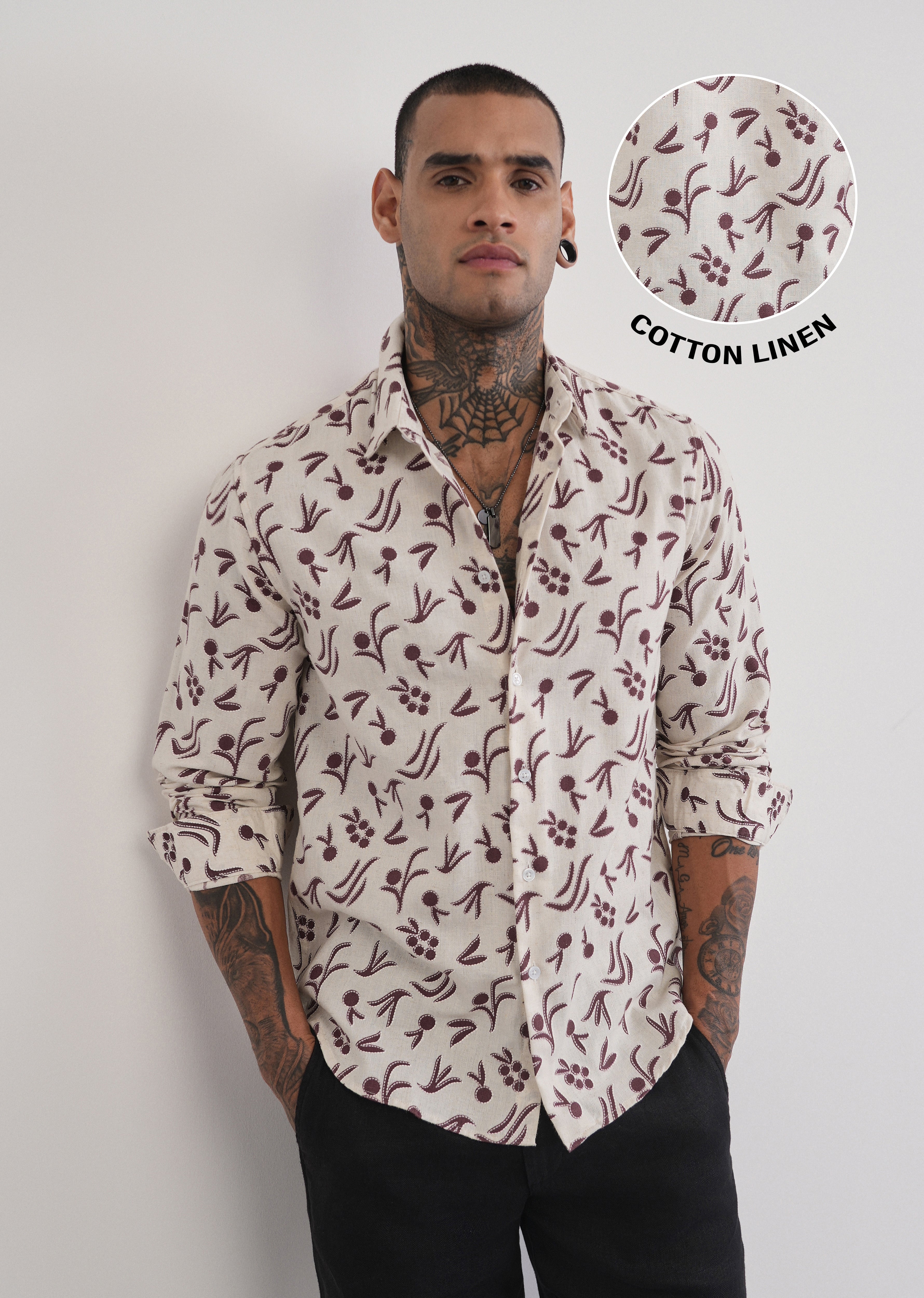 Brown Blended Linen Printed Shirt
