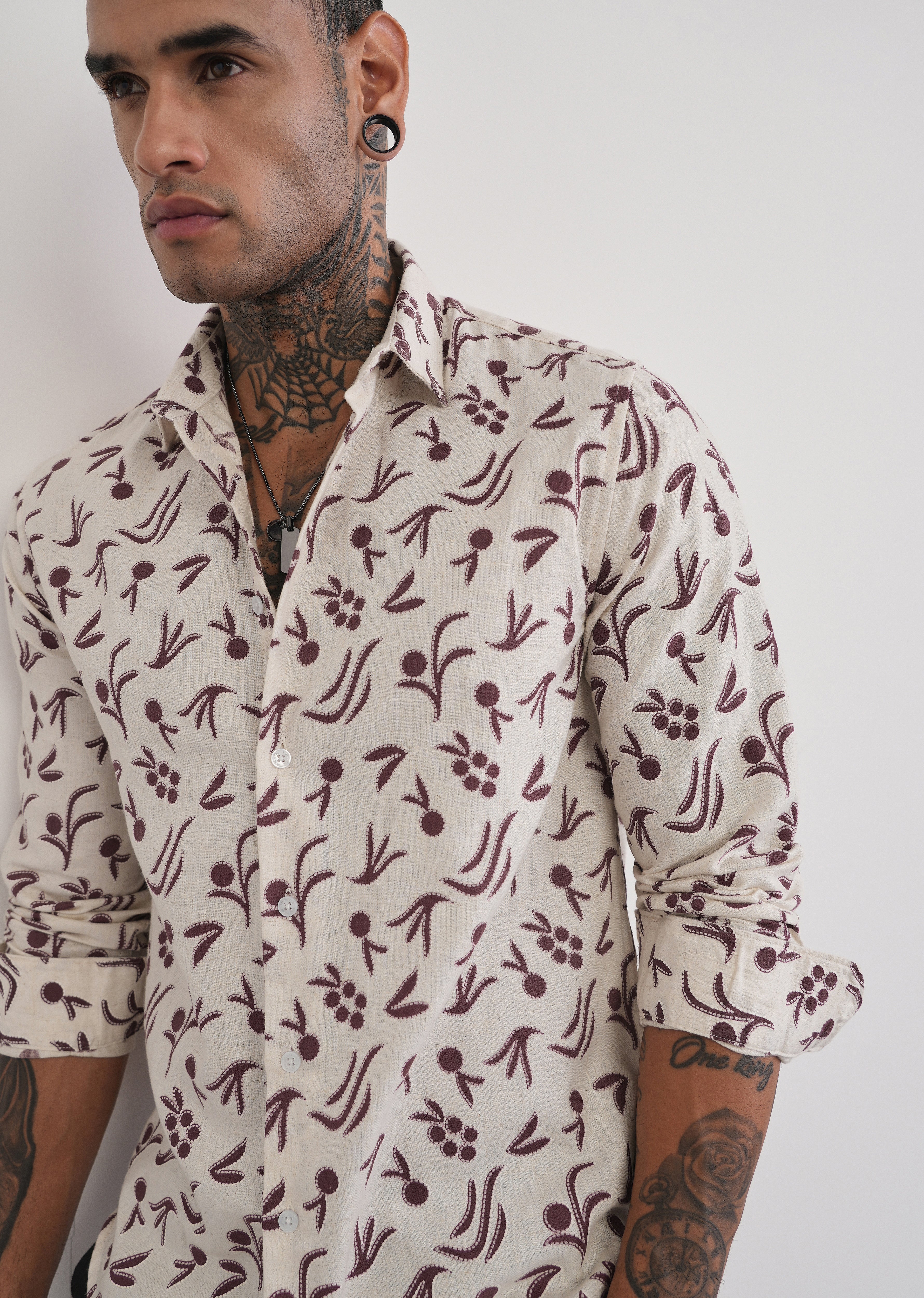 Brown Blended Linen Printed Shirt