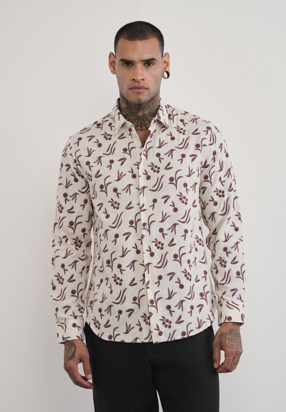 Brown Blended Linen Printed Shirt