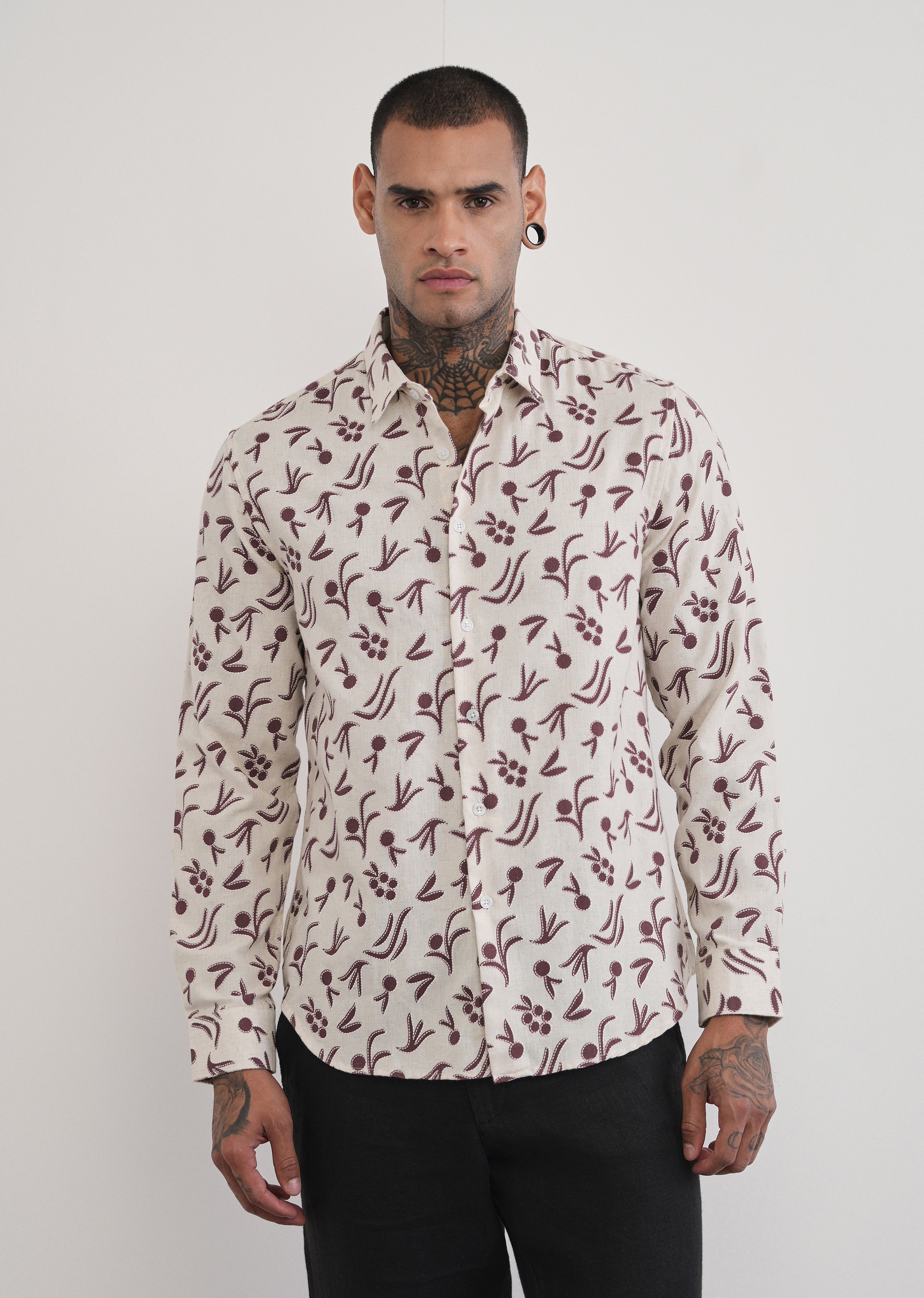 Brown Blended Linen Printed Shirt