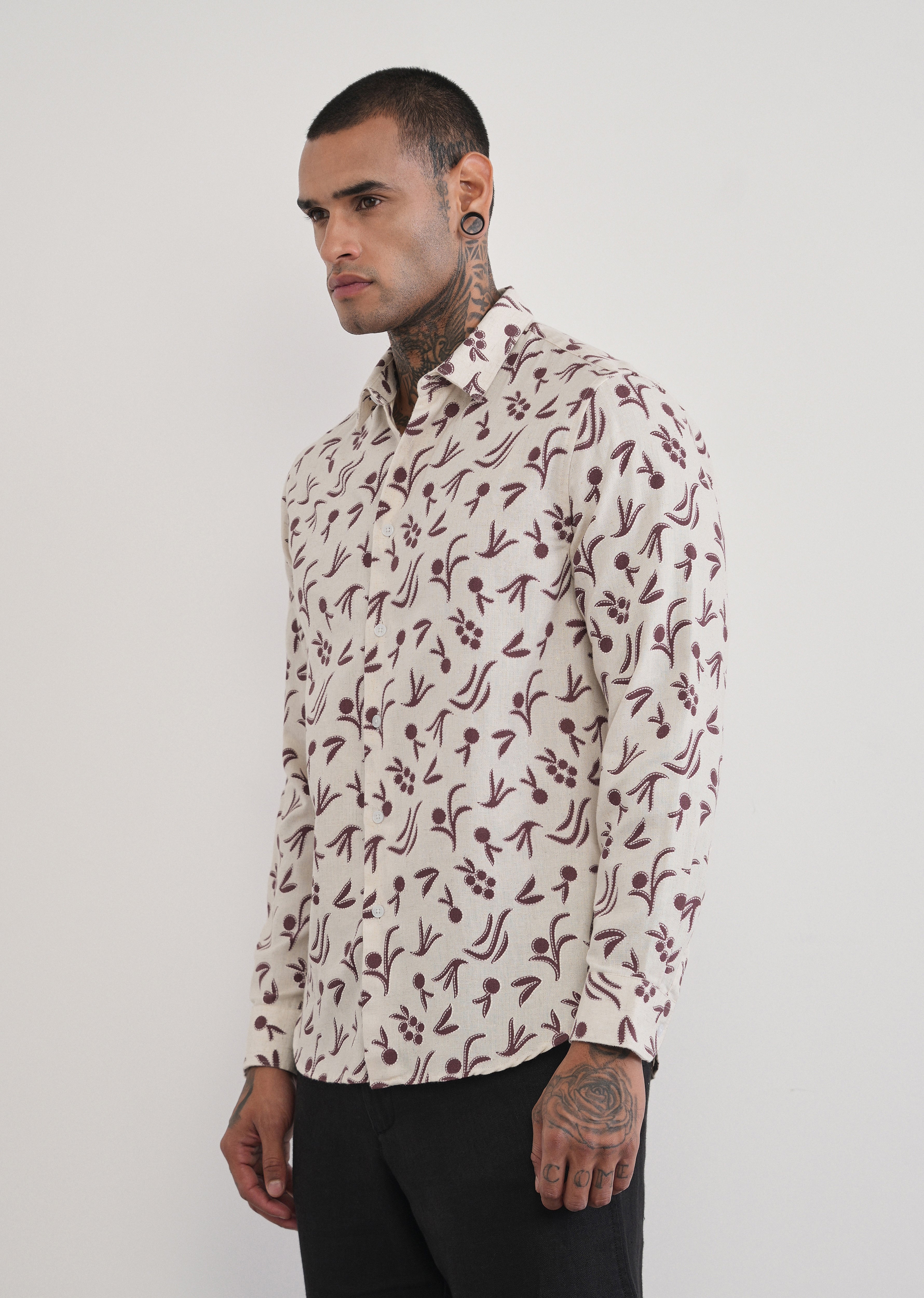 Brown Blended Linen Printed Shirt