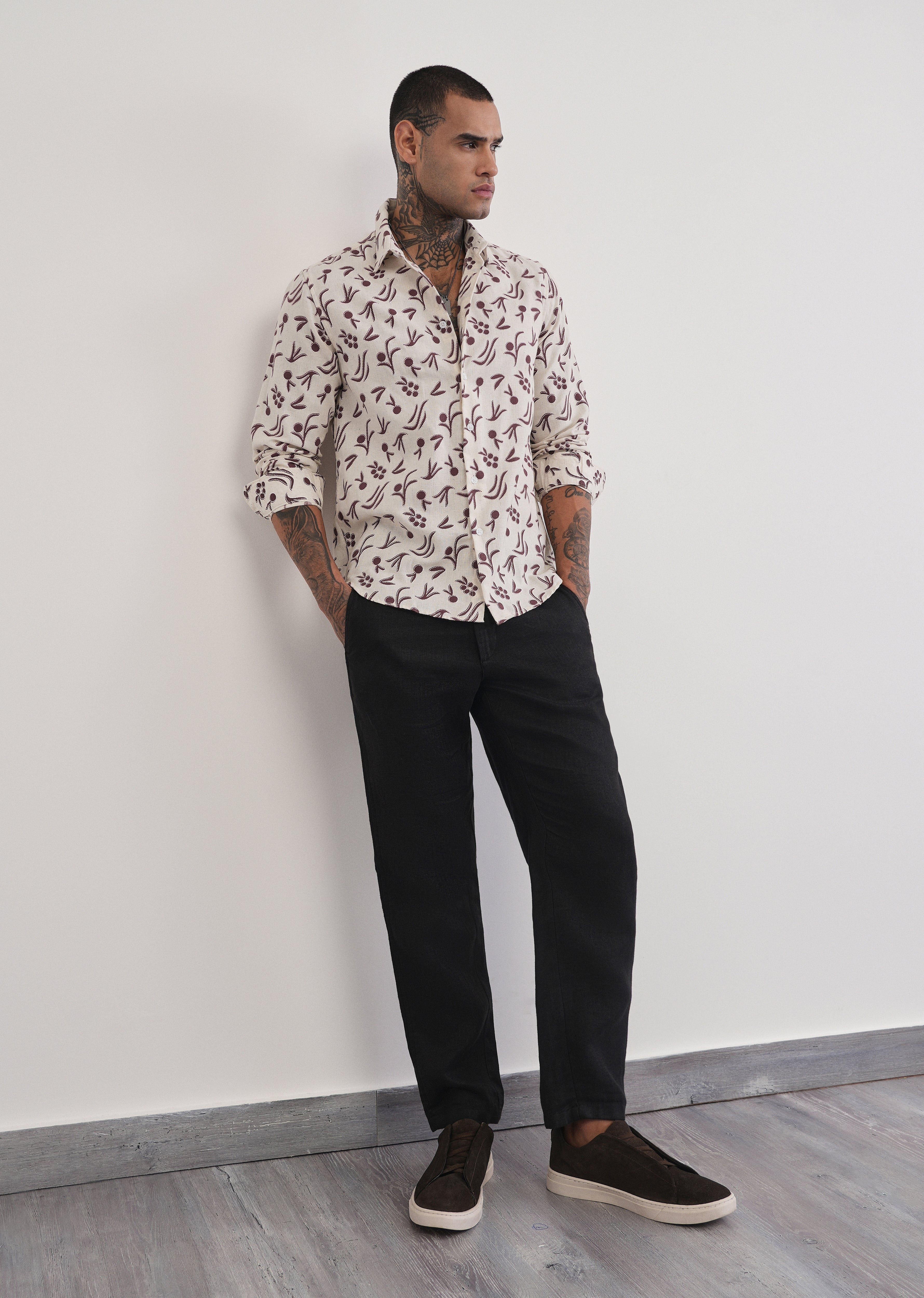 Brown Blended Linen Printed Shirt