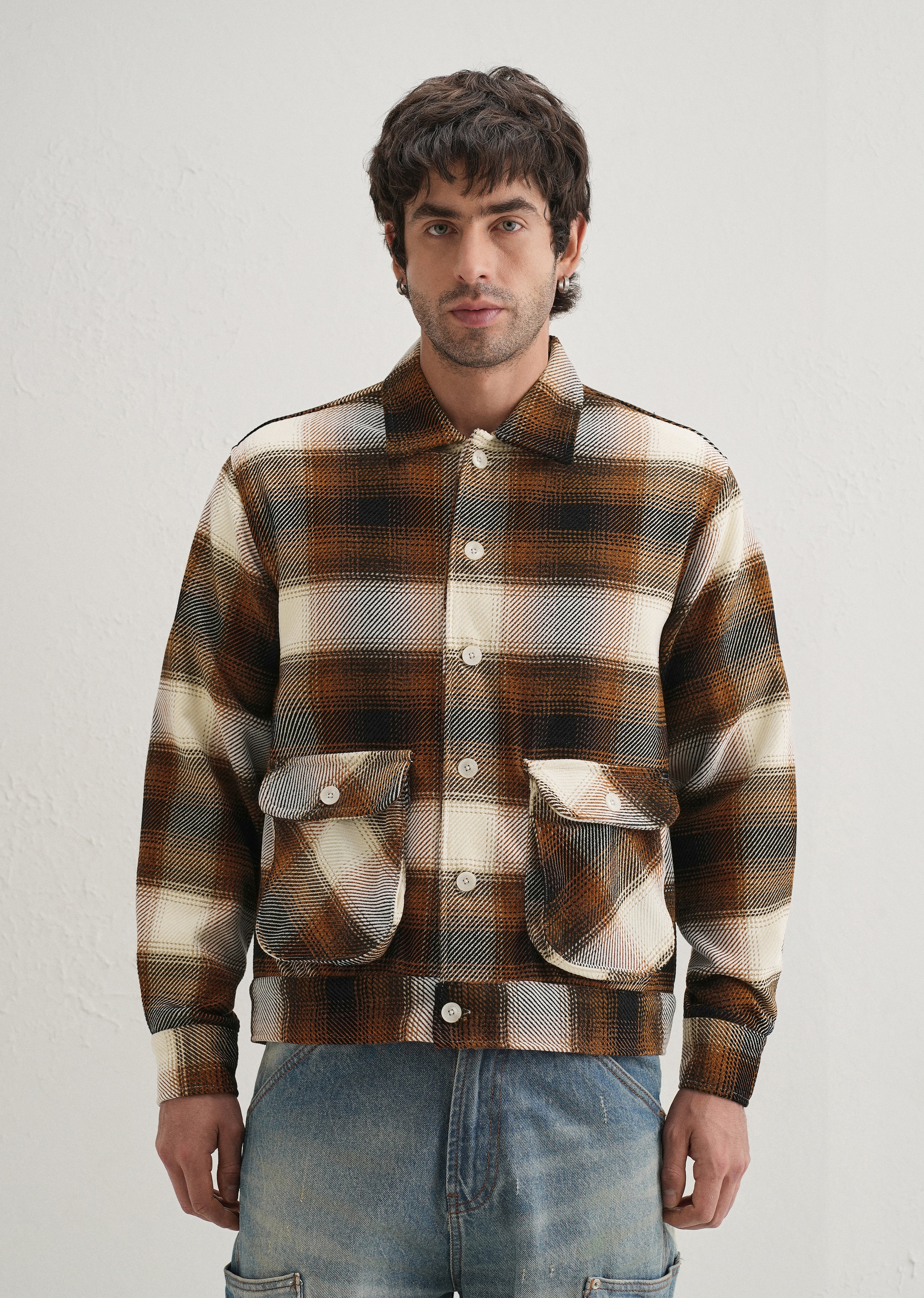 Brown Brushed Check Utility Shacket