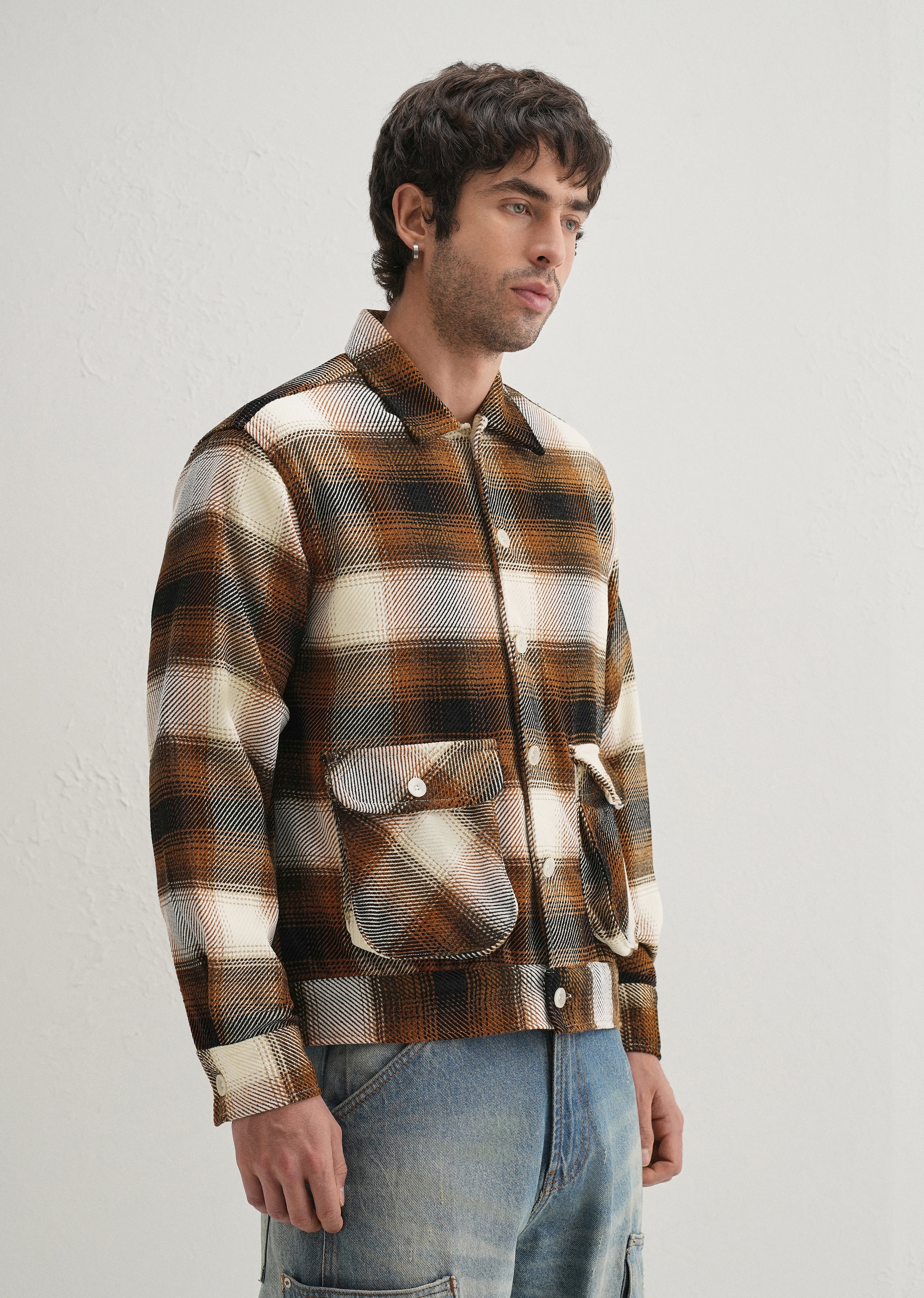 Brown Brushed Check Utility Shacket