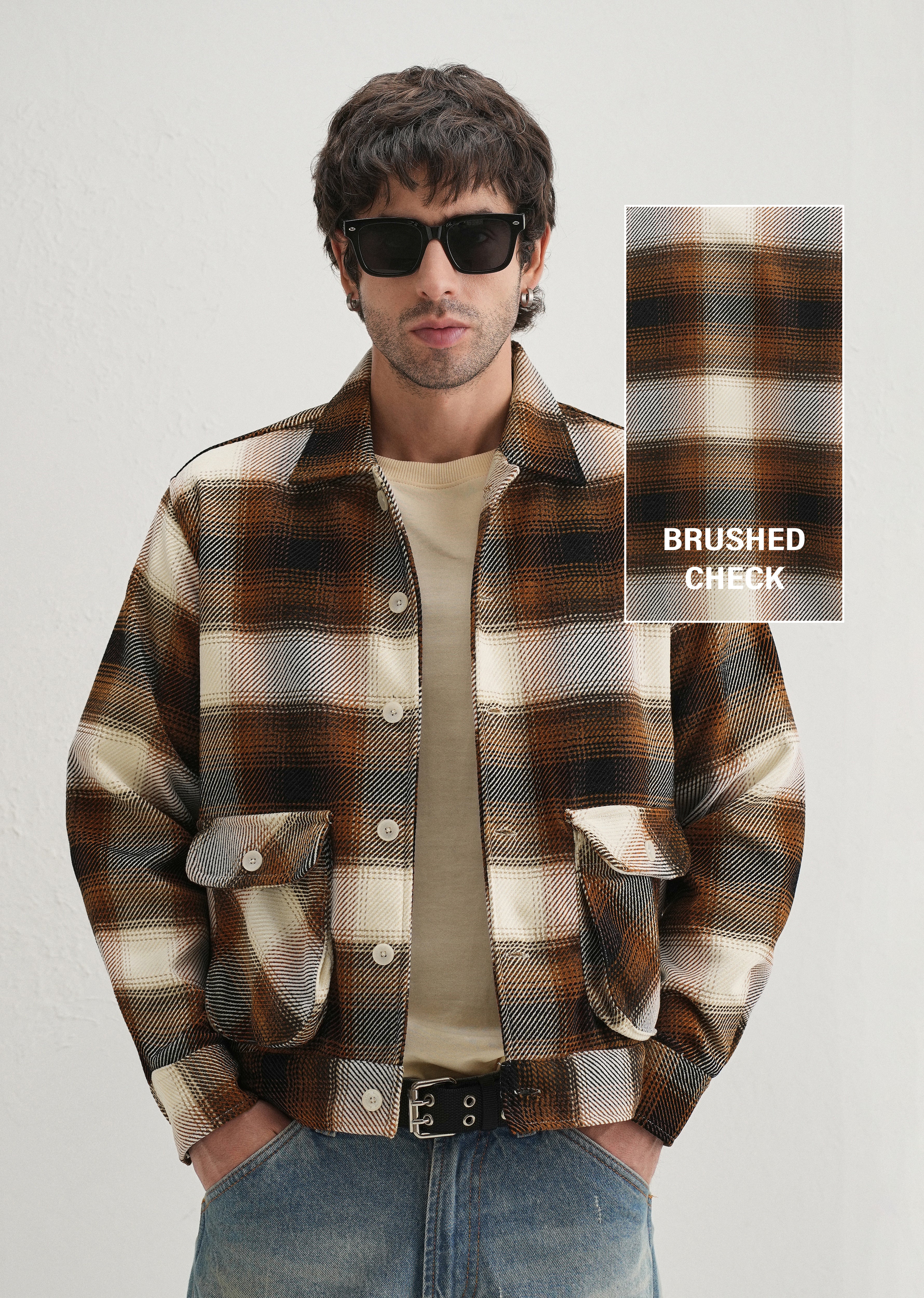 Brown Brushed Check Utility Shacket