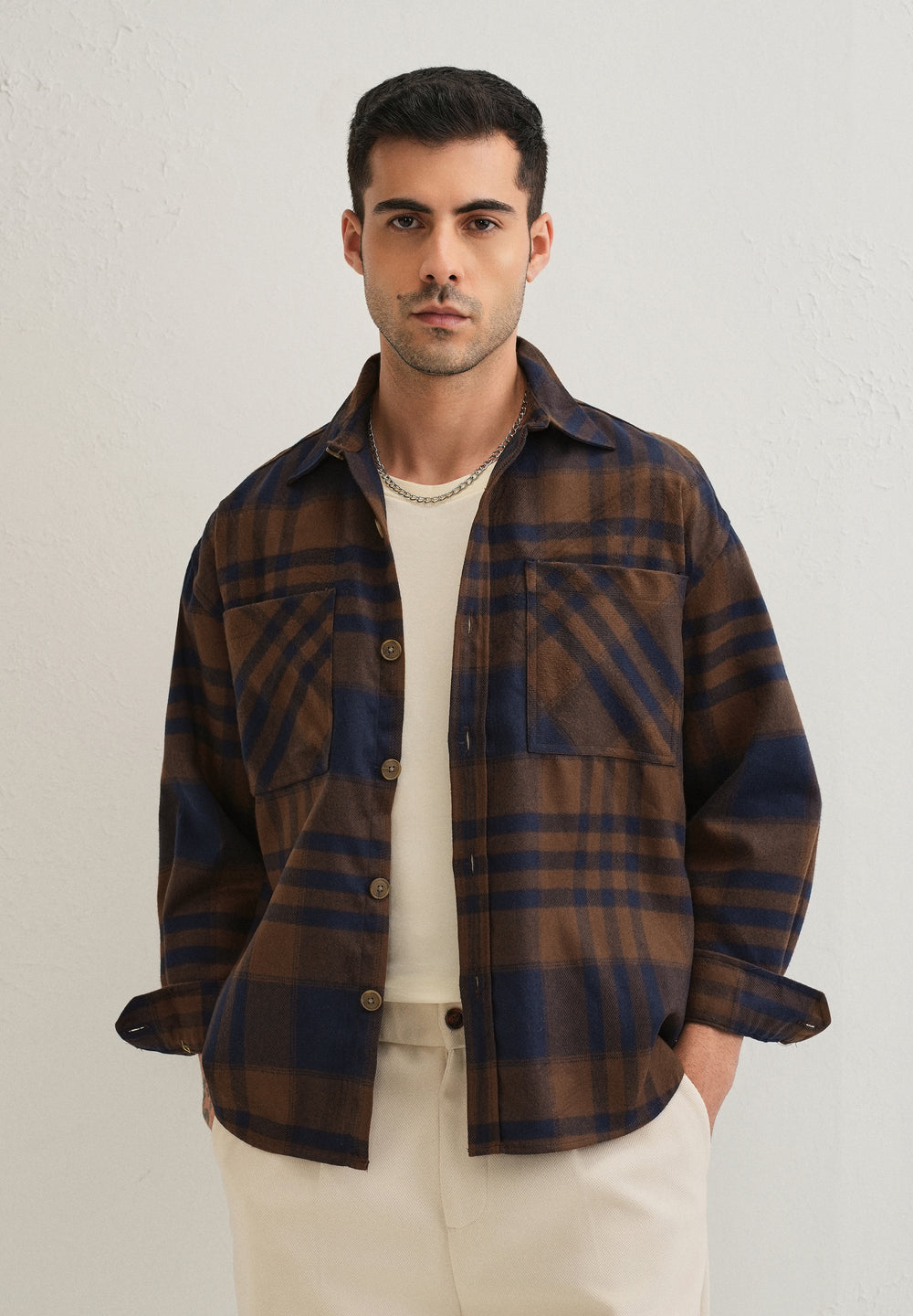 Brown Checked Relaxed Fit Shacket
