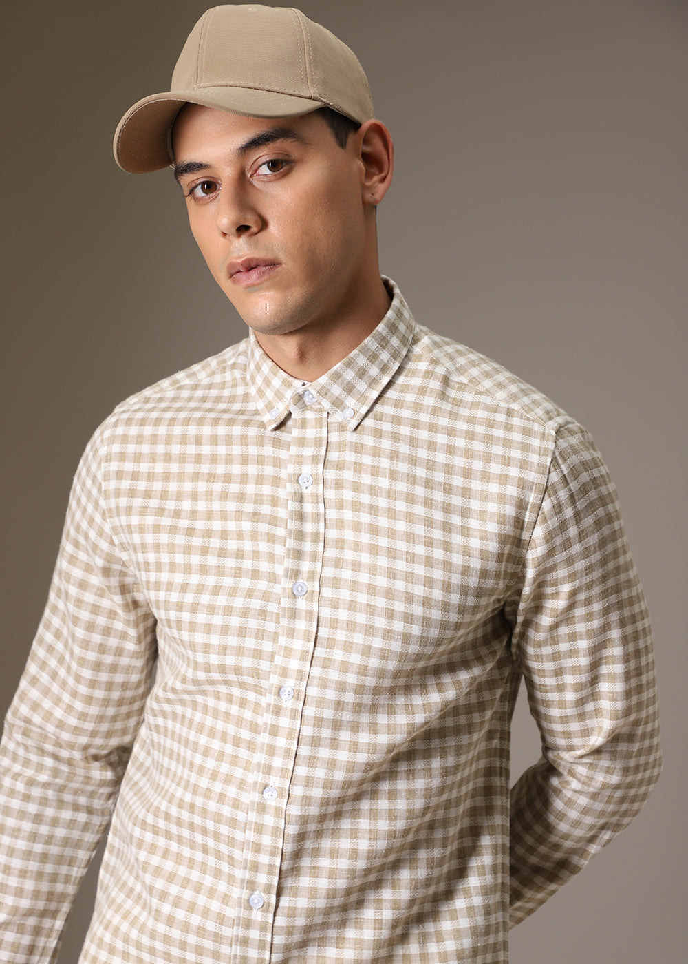 Brown Checks Blended Linen Shirt