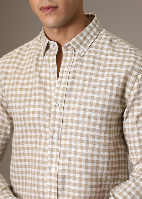 Brown Checks Blended Linen Shirt