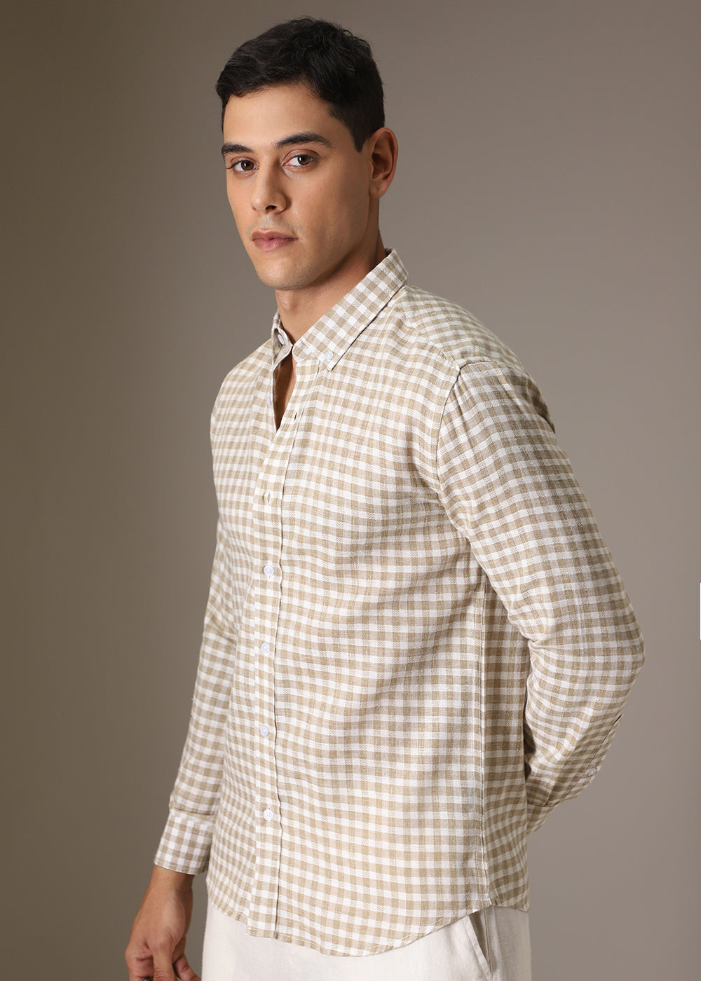 Brown Checks Blended Linen Shirt