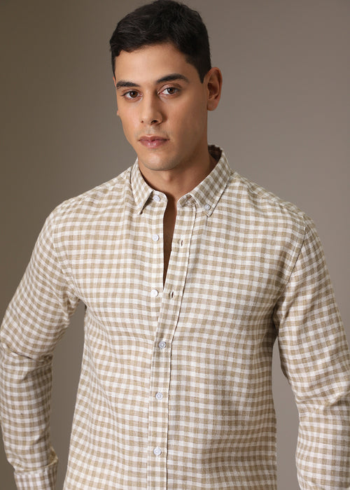 Brown Checks Blended Linen Shirt