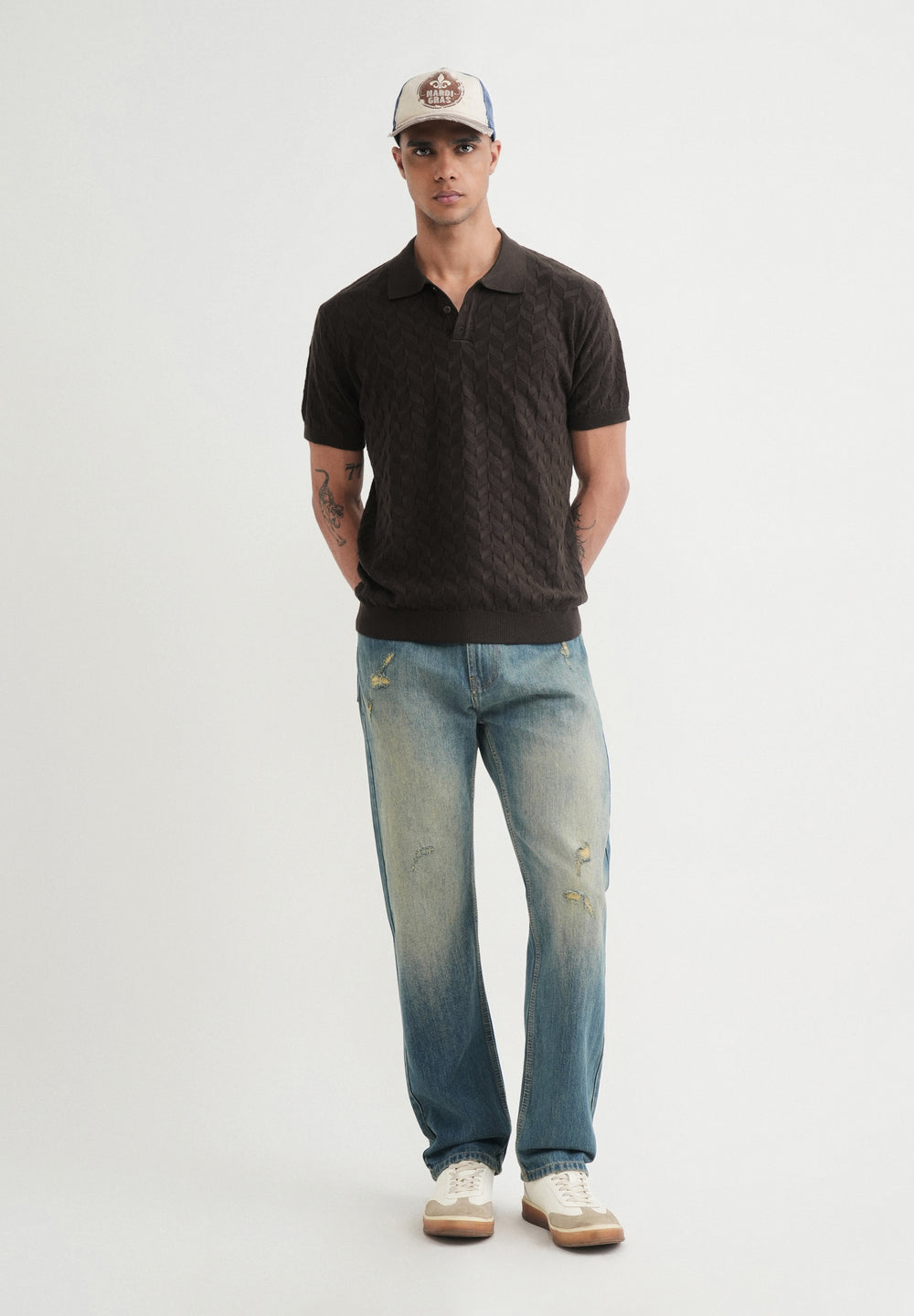 Brown Textured Knitted Polo