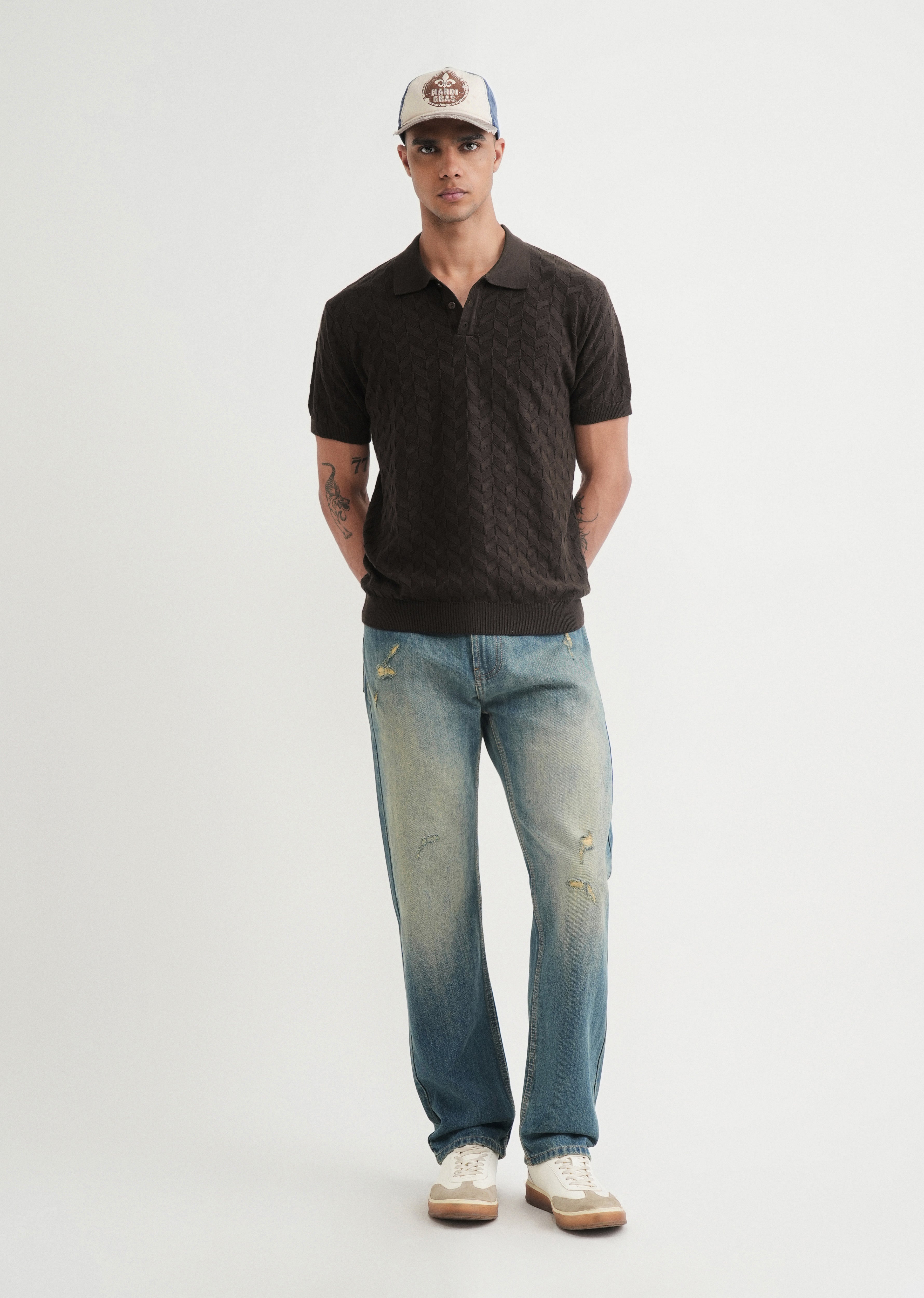 Brown Textured Knitted Polo
