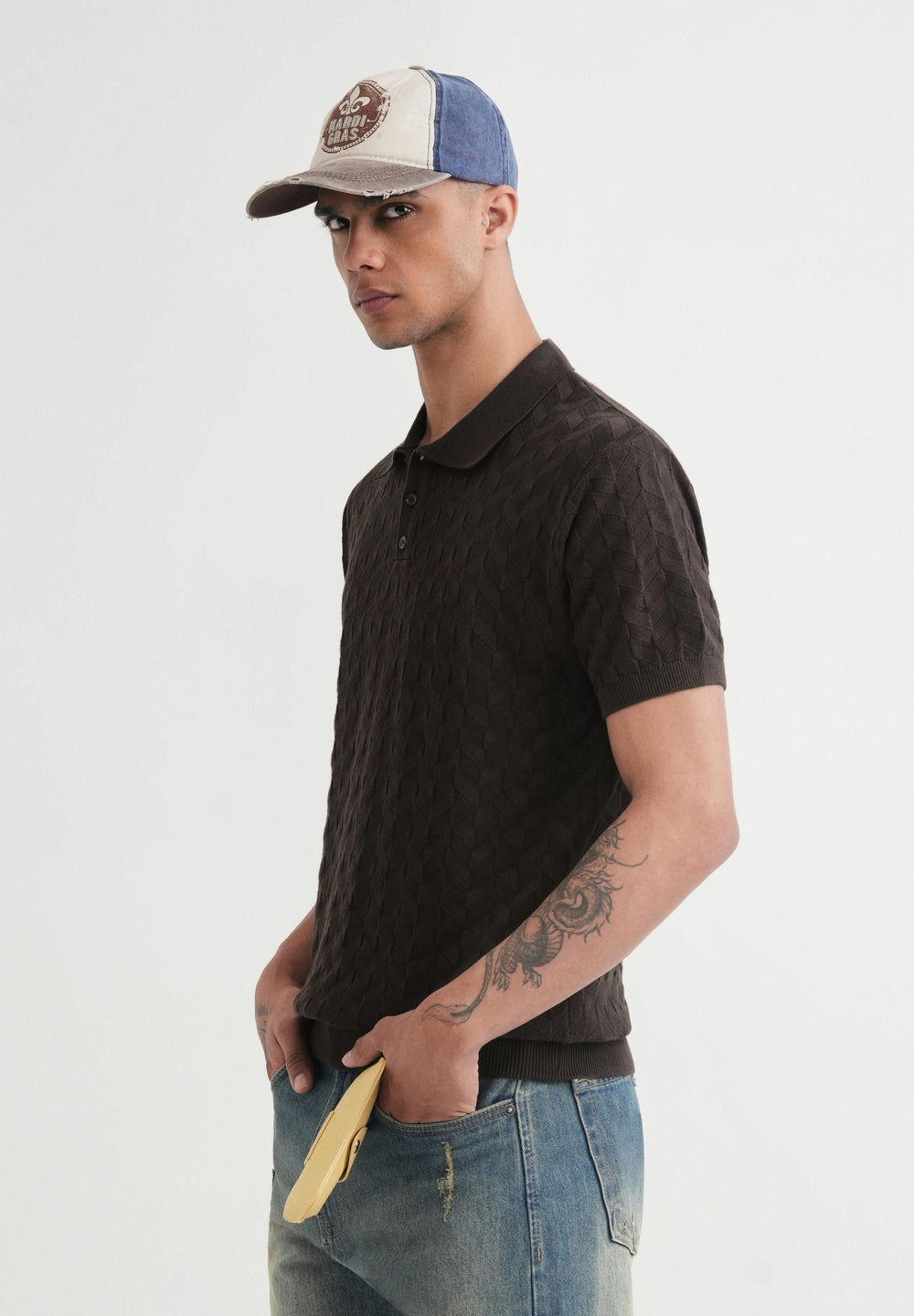 Brown Textured Knitted Polo