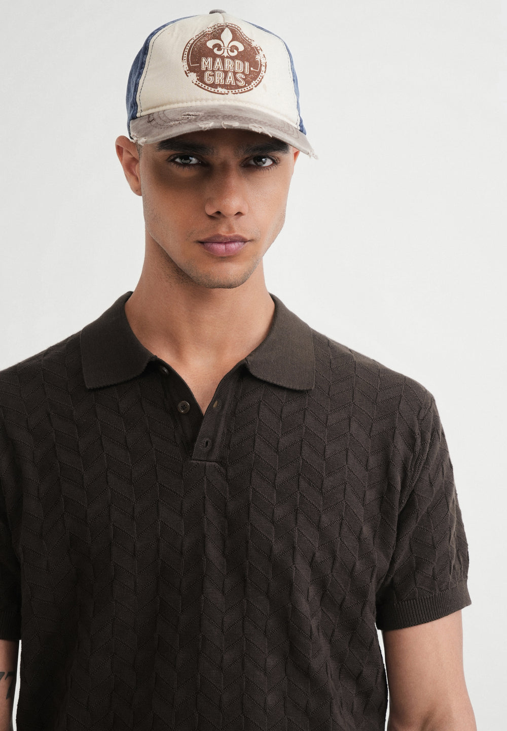 Brown Textured Knitted Polo