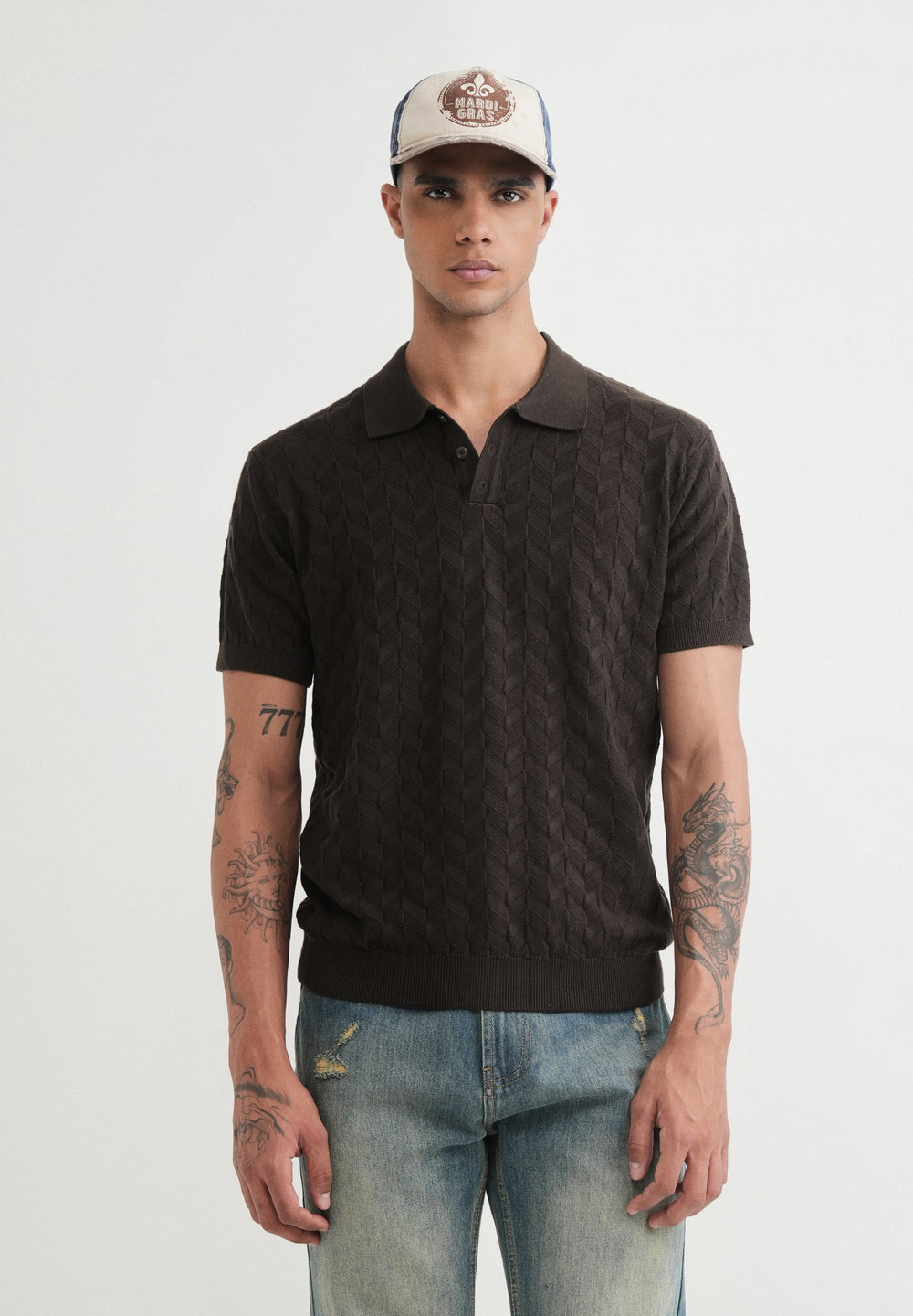 Brown Textured Knitted Polo