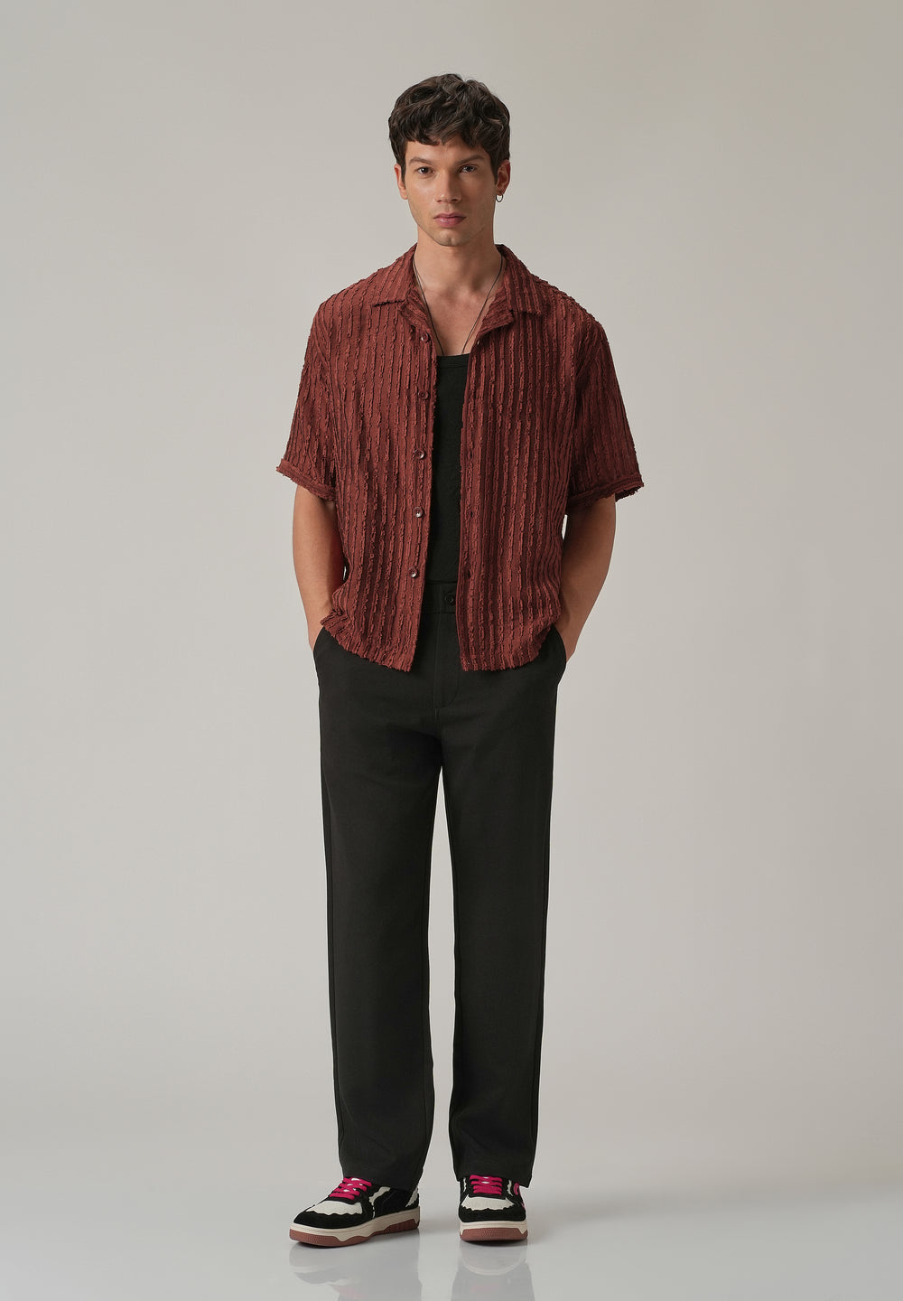 Maroon Brown Clip Jacquard Stripe Shirt