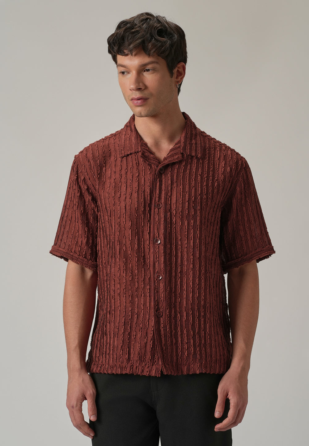 Maroon Brown Clip Jacquard Stripe Shirt