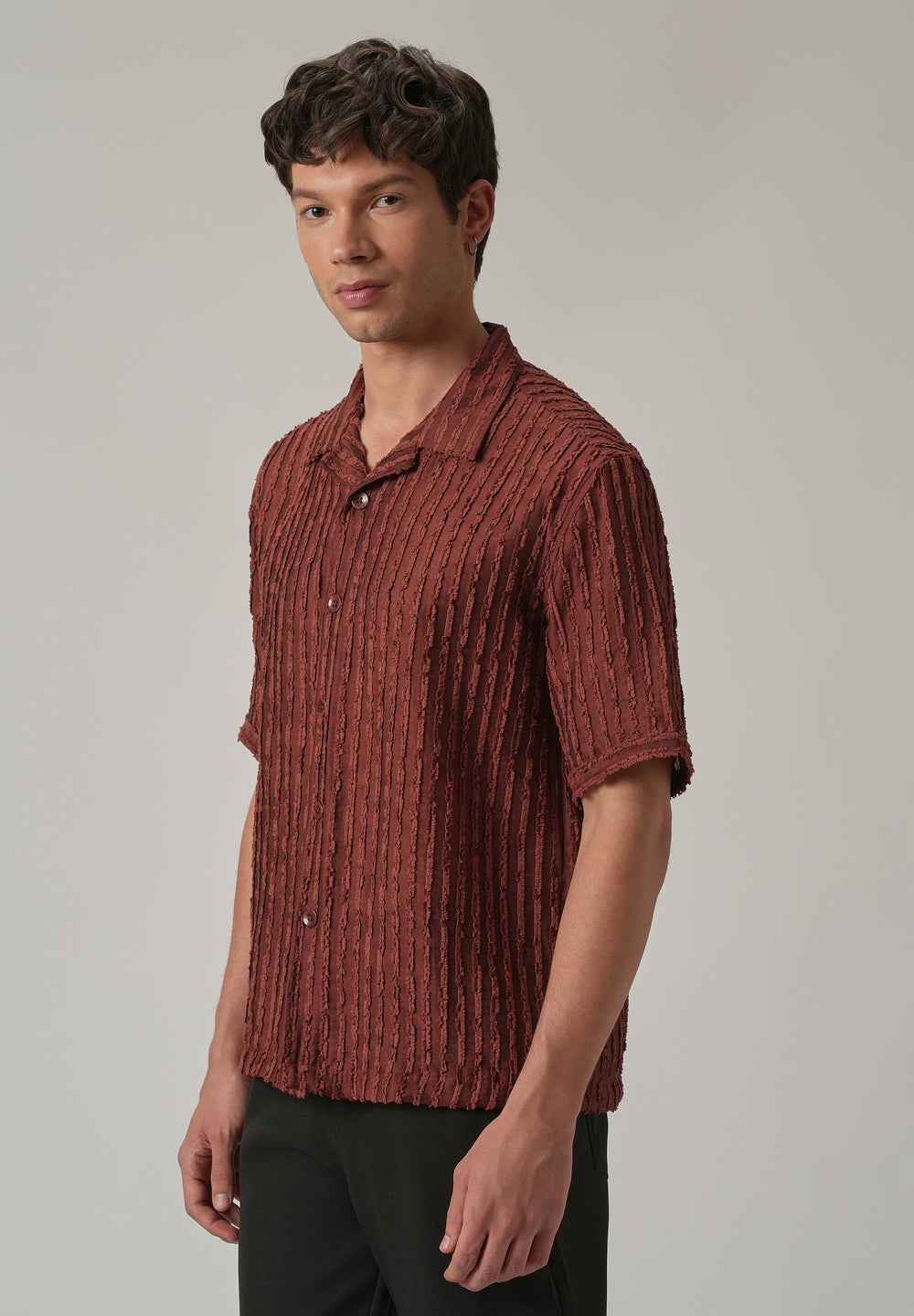 Maroon Brown Clip Jacquard Stripe Shirt