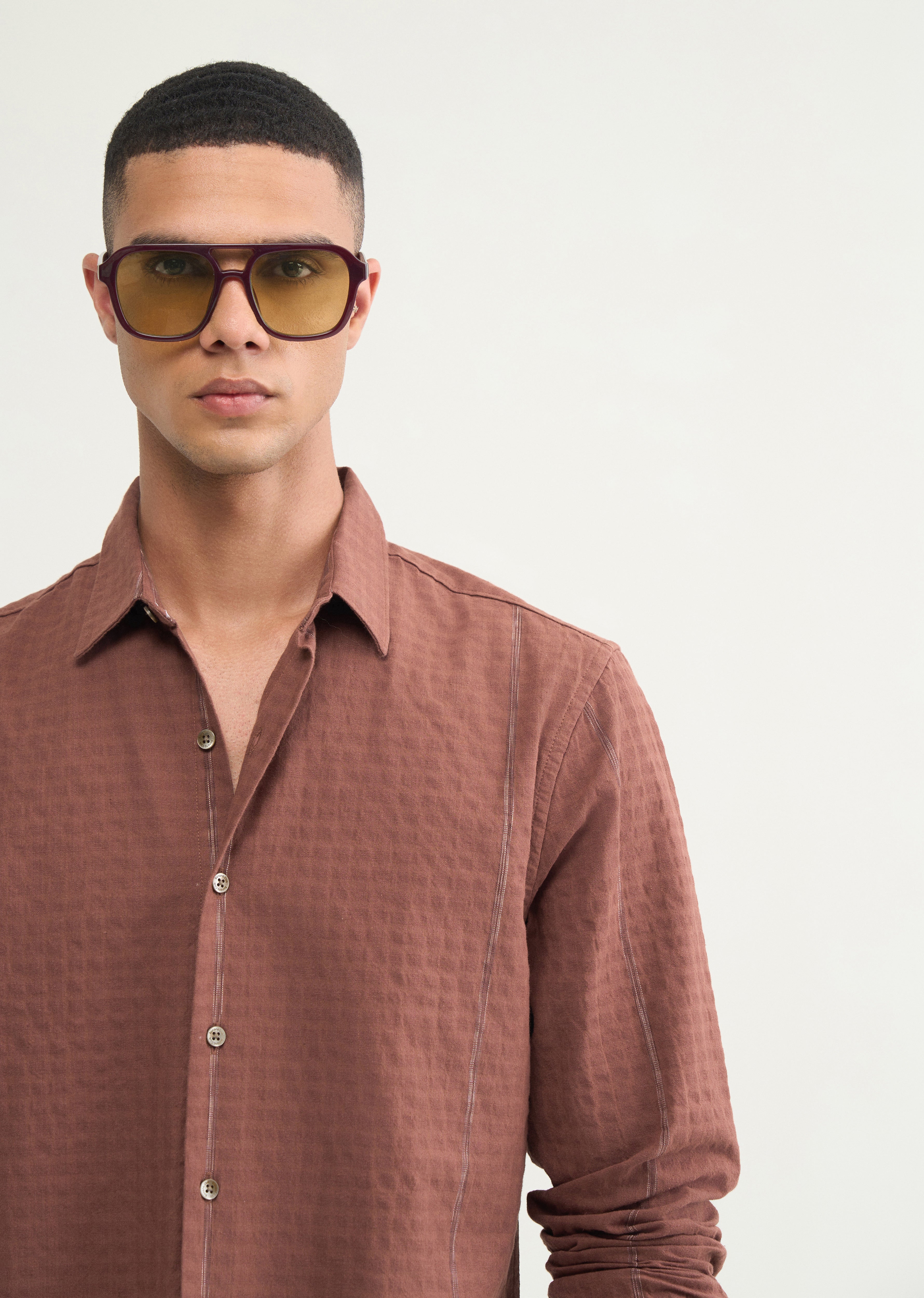 Brown Contrast Striped Cotton Shirt