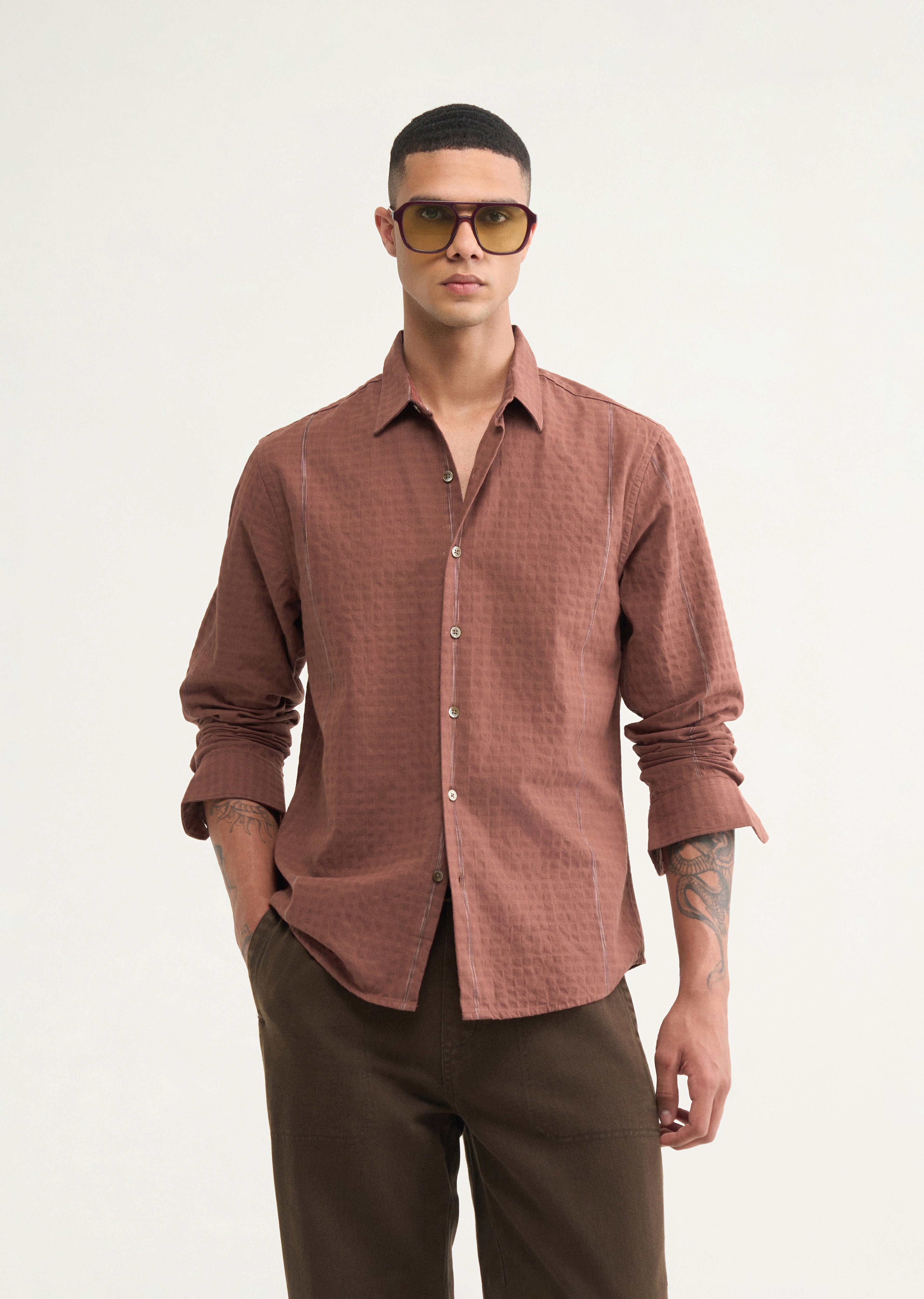 Brown Contrast Striped Cotton Shirt